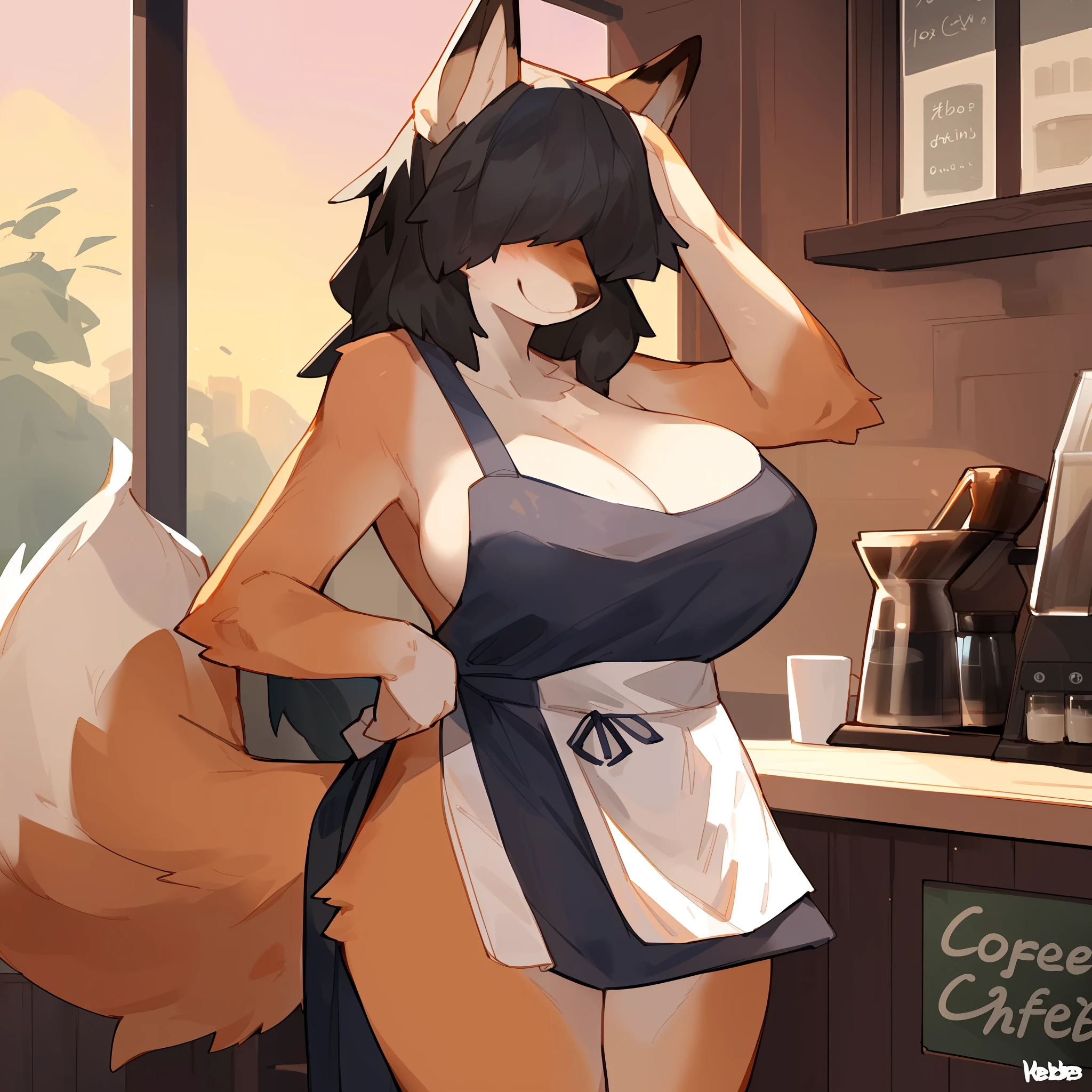 Solo, female, canine, ((hair covering eyes, black hair)), fox, orange fur, only wearing on apron, apron only, smiling, standing, big breasts, coffee shop, coffee shop, (((by bebebebebe))), golden hour