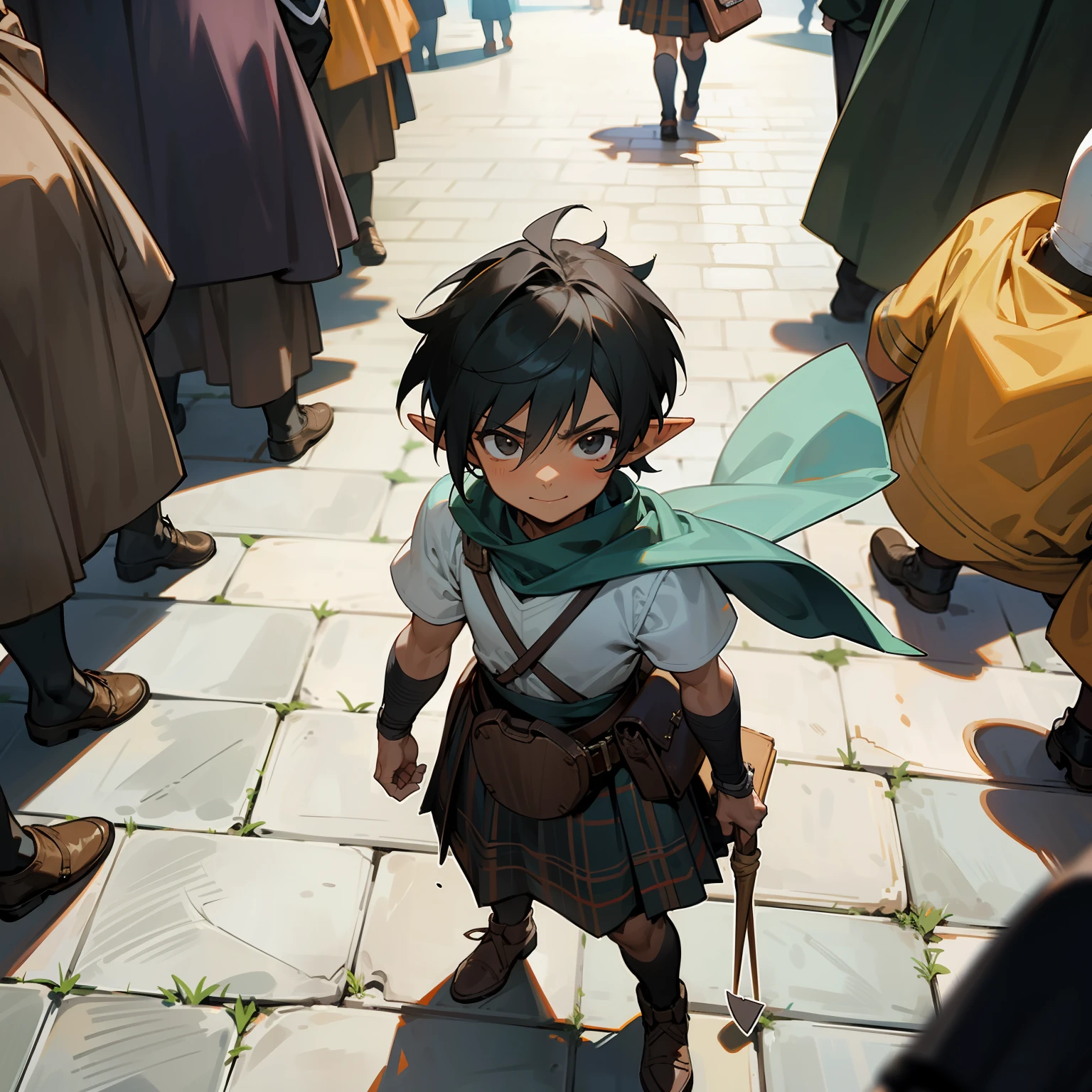 1boy, {{miniguy}}, man, pointy ears, black hair, black eyes, from above, looking at viewer, scared, tiny, shrunk, tan skin, dark skin, kilt, athletic, muscular, shota, looking up, fantasy, medieval, cobblestones, street, town, buildings, busy, innocent, cute, smile, crowd, people, crowds, surrounded by people, satchel
