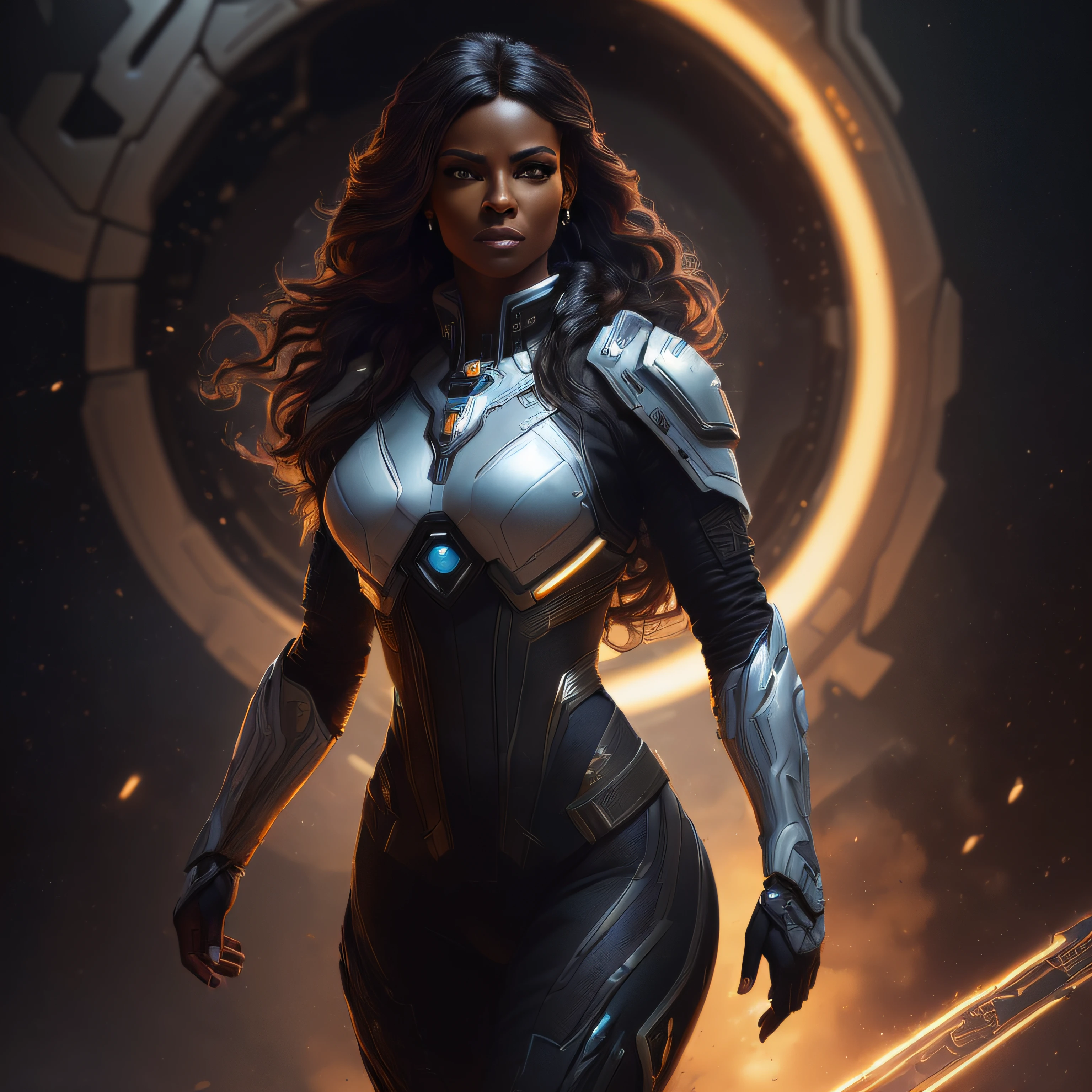 ((8k:1.27), melhor qualidade, obra-prima, ultra highres:1.2) Photo of Hot Black Mom (linda:1.1) (sexy sci-fi warrior woman:1.1) Space Soldier, (gorro:1.61) (jaqueta de couro:1.21) intrincado elegante, fantasia, detalhado, Metric by Greg Rutkowski e Alphonse Mucha, gradient lighting --auto