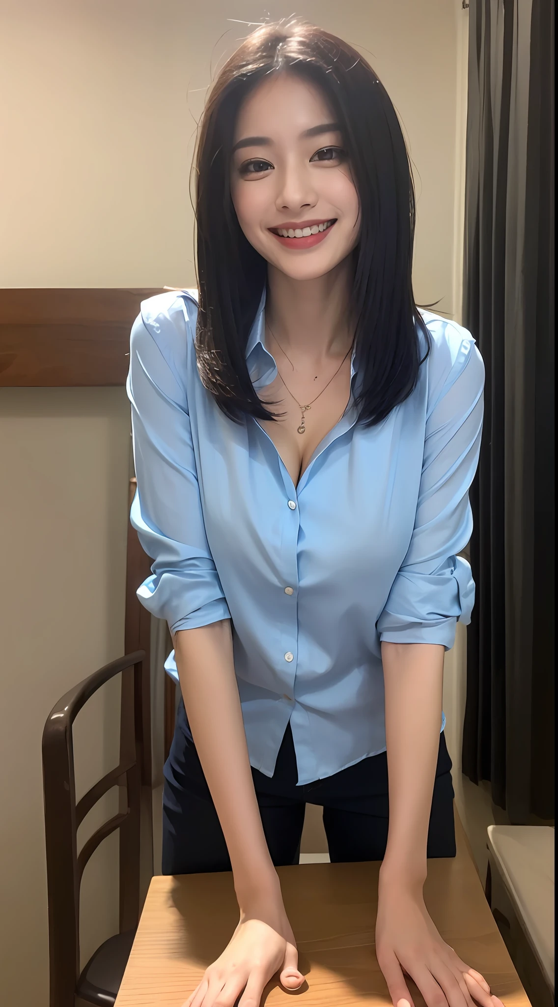 ((Best Quality, 8K, Masterpiece: 1.3)), open blue silk shirt, massive gigantic saggiest longest breasts, skinny, smiling, leaning forward, long black straight hair