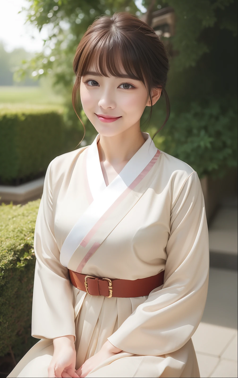 Short-cut hairstyles、best qualtiy、(masuter piece: 1.4)、extremely delicate and beautiful、A highly detailed、CG、Unity、8k wallpaper、astonishing、Fine、top-quality、Official Art、Highly detailed CG Unity 8k wallpaper、absurderes、incredibly absurdness、huge filesize、ultra-detailliert、hight resolution、ighly detailed、a beautiful detailed girl、extra detailed face、beatiful detailed eyes、Light shines on the face、Staring at the viewer、a closed mouth、Light smile、(realisitic、Photorealsitic:1.37)、ultra-detailliert、 (realistic: 1.4)、 1 人、独奏、Light smile、Mouth closed、cute little、date、(Nasal blush)、mideum breasts、wet、lake、floated hair、1 girl in tan style dress、(hanbok、hanbok: 1.2)、long-sleeve、sitting in the garden