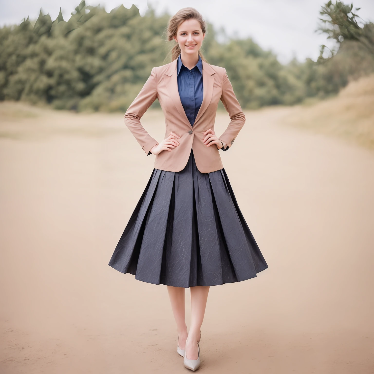 authentic (very shy:1,4 smiling) good woman wearing a short blazer with a very very detailed (long (fully pleated) full circle skirt) and (simple) low heeled office shoes, very very intricate hyper-detailed symmetric (attractive graceful young feminine face) with (sad, tired eyes and shy smile:1,1), full of empathy and compassion and love, (pronounced (feminine) features), (highly detailed ultra accurate realistic) hands and fingers, (windy conditions and wind blowing), epic composition, highly detailed attributes, highly detailed atmosphere, (35mm f1.4 Kodak portra 400 photograph), extremely high quality RAW photograph, intricate, Exquisite details and textures,
