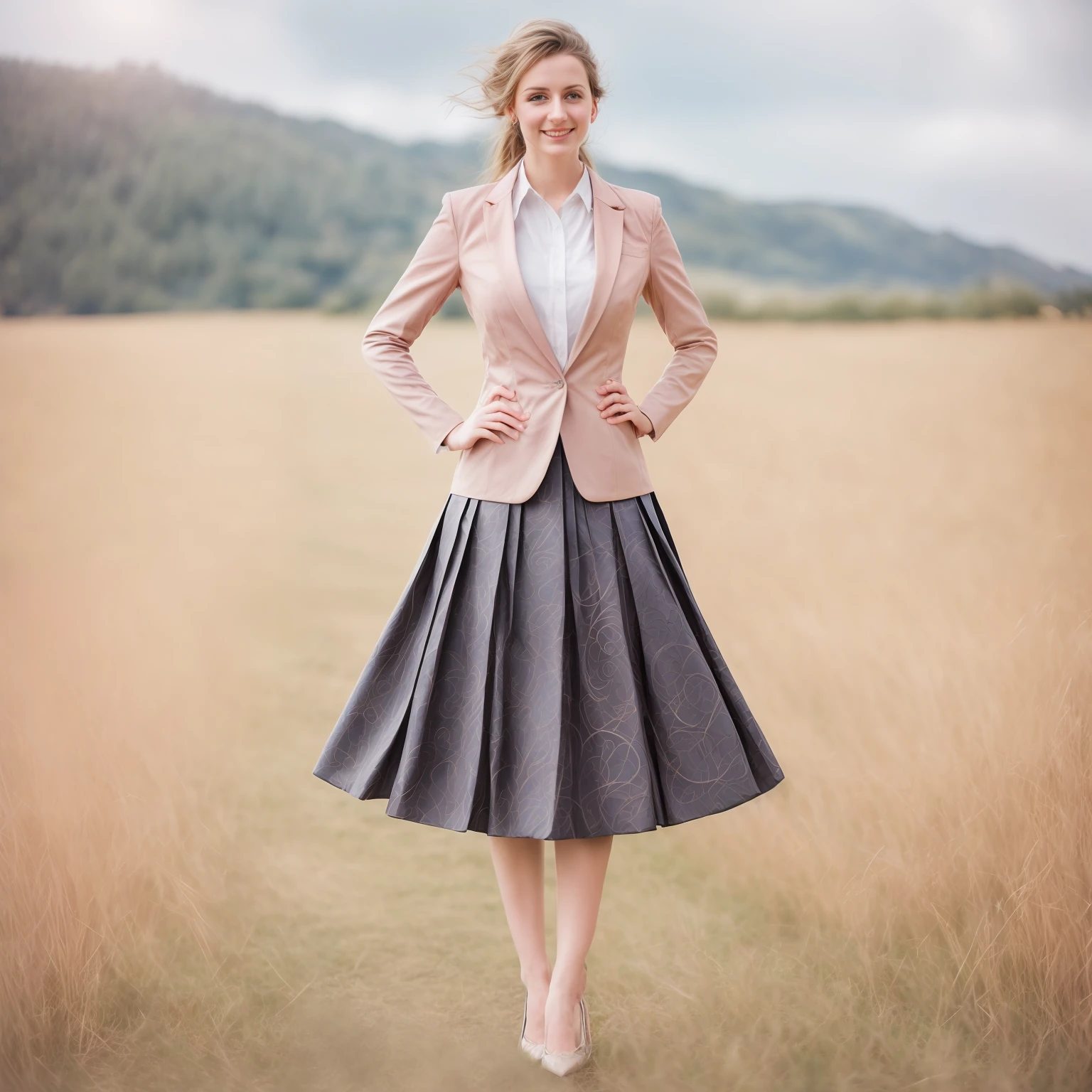 authentic (very shy:1,4 smiling) good woman wearing a short blazer with a very very detailed (long (fully pleated) full circle skirt) and (simple) low heeled office shoes, very very intricate hyper-detailed symmetric (attractive graceful young feminine face) with (sad, tired eyes and shy smile:1,1), full of empathy and compassion and love, (pronounced (feminine) features), (highly detailed ultra accurate realistic) hands and fingers, (windy conditions and wind blowing), epic composition, highly detailed attributes, highly detailed atmosphere, (35mm f1.4 Kodak portra 400 photograph), extremely high quality RAW photograph, intricate, Exquisite details and textures,
