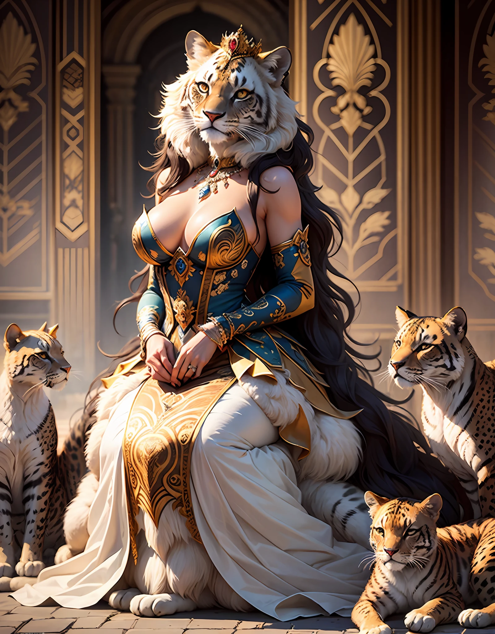Content: A royal princess adorned in lavish attire, surrounded by fierce and majestic wild cats such as lions, panthers, leopards, and tigers
Medium: Studio photography with meticulous attention to detail and high-quality lighting techniques
Style: Fashion-forward and opulent, showcasing the intersection of regality and untamed beauty
Lighting: Intimate and dimmed lighting, creating an enchanting and alluring atmosphere
Composition: The princess is positioned at the center of the frame, exuding confidence and elegance, while the wild cats are strategically placed around her, capturing their power and grace. The intricate luxury interior enhances the sense of grandeur and sophistication. The overall composition evokes a sense of harmony between the princess and the wild beasts, highlighting their mutual respect and strength. The studio light accentuates the fine details of the princess's attire and the majestic features of the wild cats, creating a visually captivating and high-fashion aesthetic. This photography captures the essence of a powerful and captivating woman surrounded by untamed beauty.
