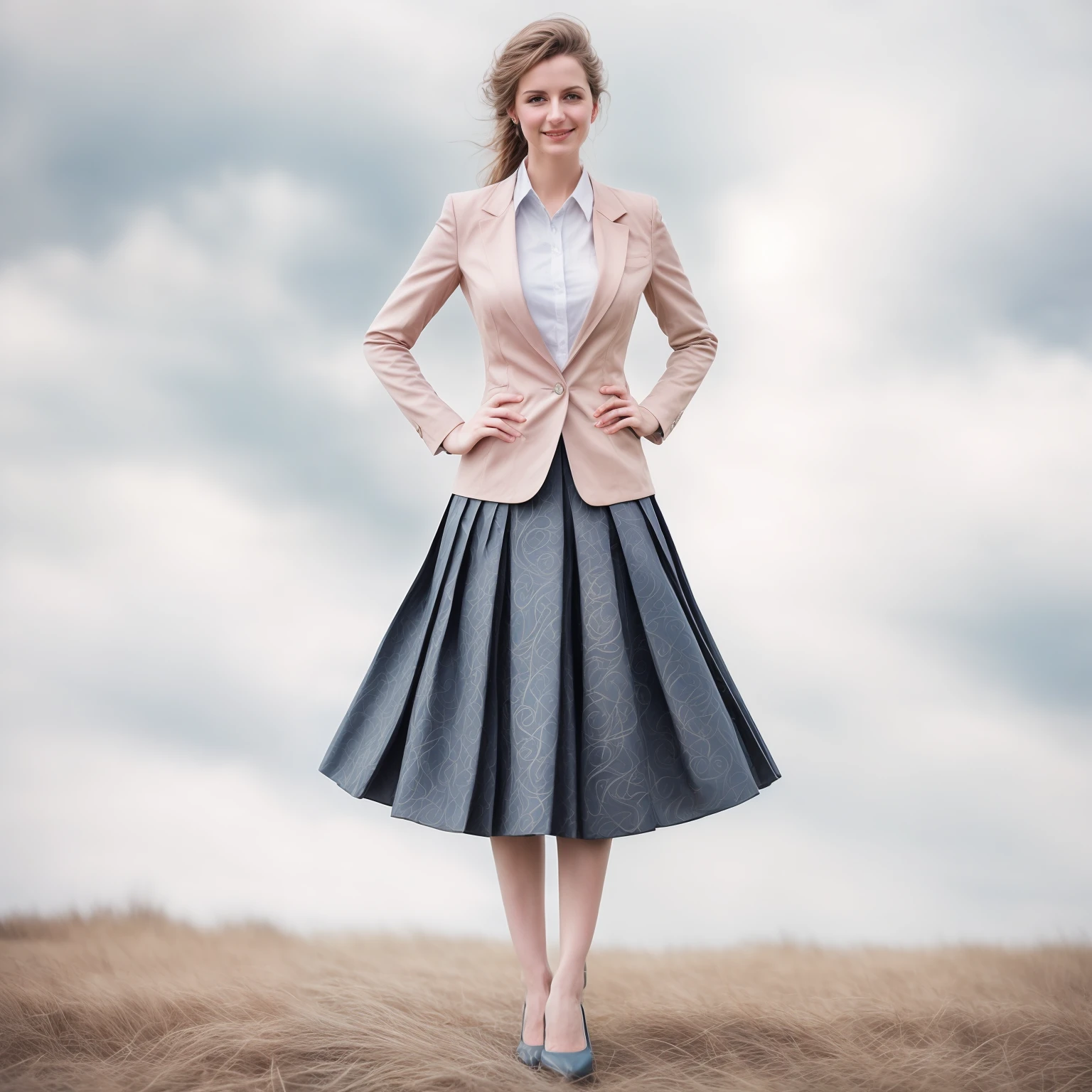 authentic (very shy:1,4 smiling) good woman wearing a short blazer with a very very detailed (long (fully pleated) full circle skirt) and (simple) low heeled office shoes, very very intricate hyper-detailed symmetric (attractive graceful young feminine face) with (sad, tired eyes and shy smile:1,1), full of empathy and compassion and love, (pronounced (feminine) features), (highly detailed ultra accurate realistic) hands and fingers, (windy conditions and wind blowing), epic composition, highly detailed attributes, highly detailed atmosphere, (35mm f1.4 Kodak portra 400 photograph), extremely high quality RAW photograph, intricate, Exquisite details and textures,