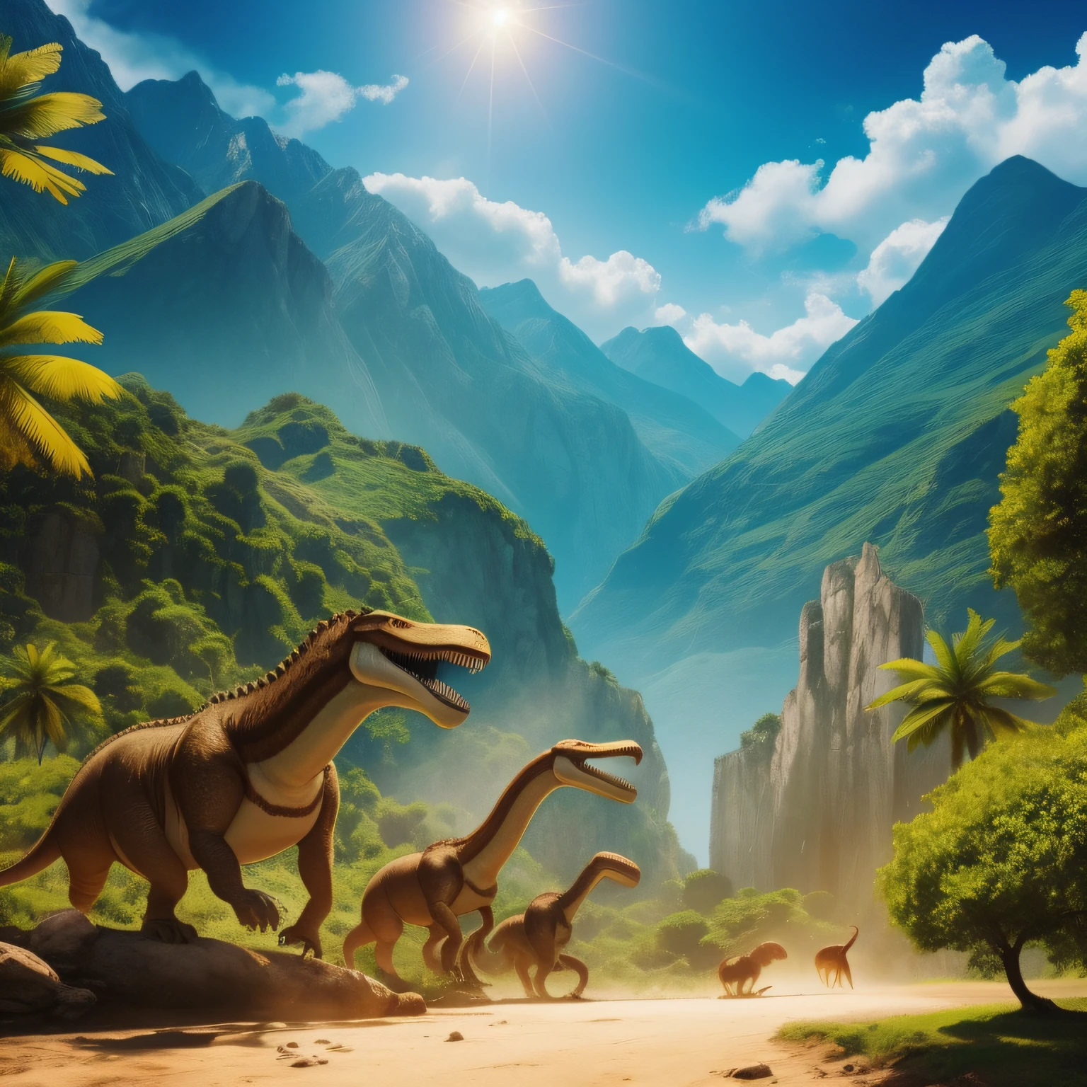 fondo detallado, obra maestra, mejor calidad, paisaje, Mountains, Kali, bosque tropical, sol, tag, nubes una familia de 3 dinosaurios t-rex