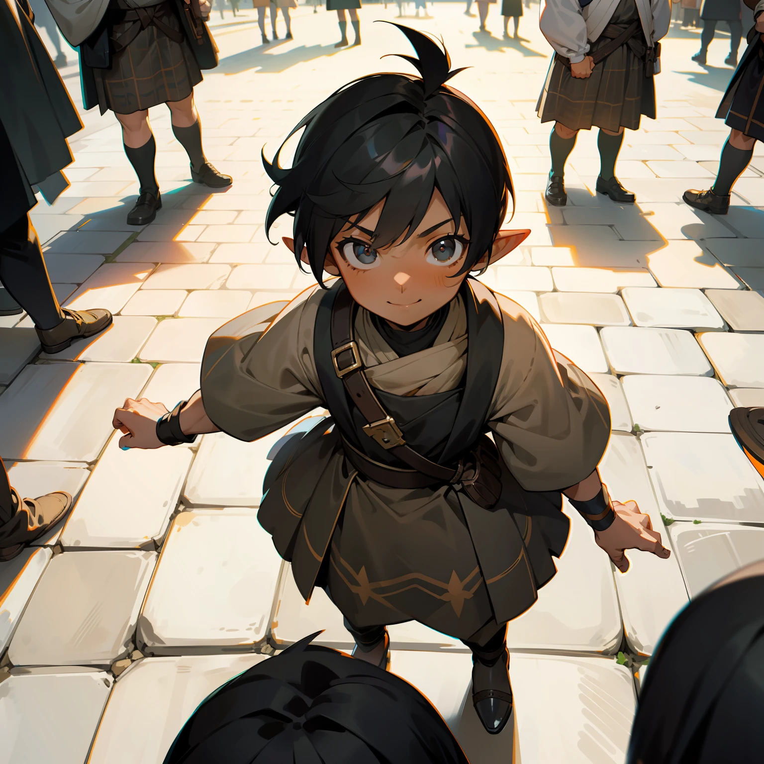 1boy, {{miniguy}}, man, pointy ears, black hair, black eyes, from above, looking at viewer, scared, tiny, shrunk, tan skin, dark skin, kilt, glowing, glowing eyes, athletic, muscular, shota, looking up, fantasy, medieval, cobblestones, street, town, buildings, busy, innocent, cute, smile, crowd, people, crowds, surrounded by people, satchel