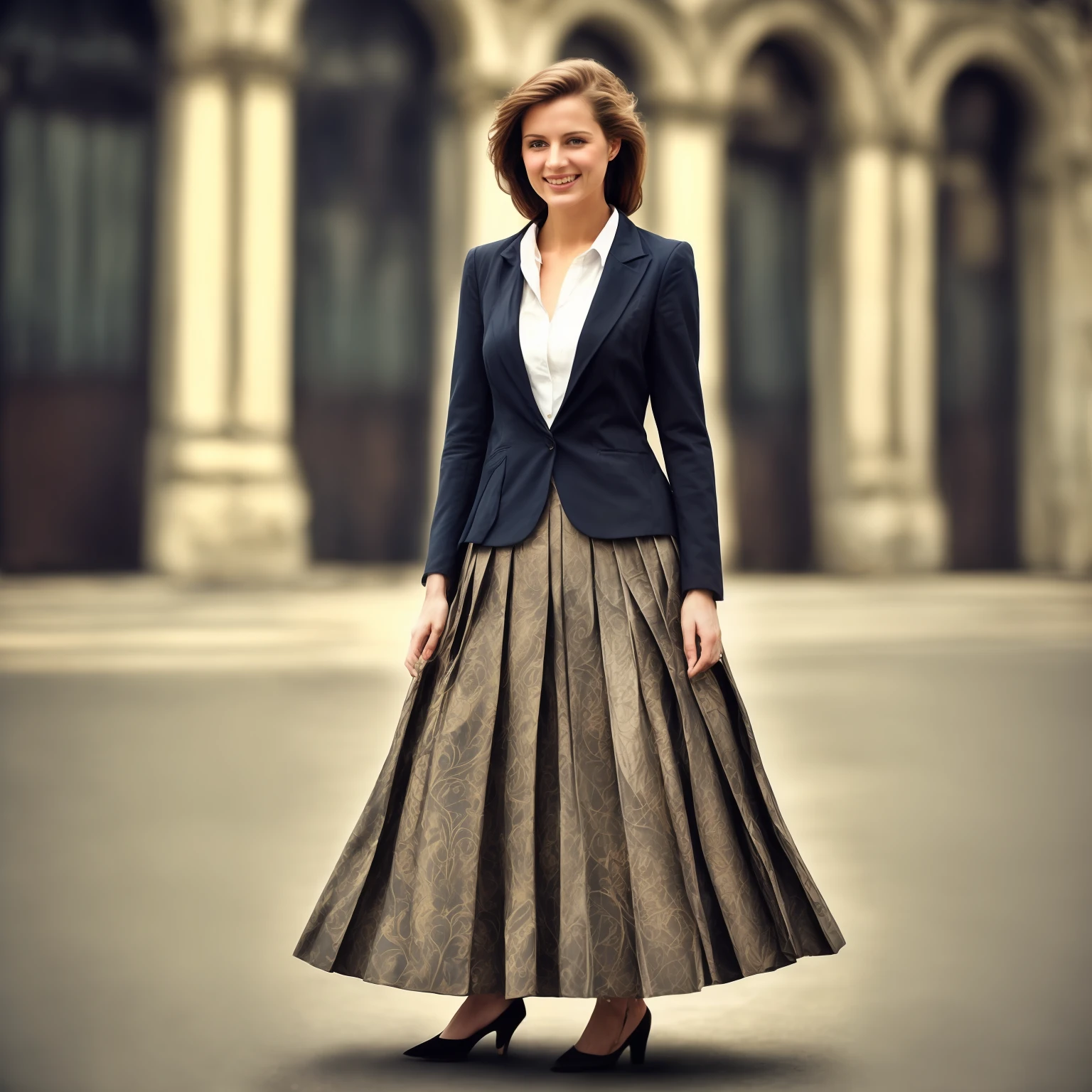 authentic (very shy:1,4 smiling) good woman wearing a short blazer with a very very detailed (long (fully pleated) full circle skirt) and (simple) low heeled office shoes, very very intricate hyper-detailed symmetric (attractive graceful young feminine face) with (sad, tired eyes and shy smile:1,1), full of empathy and compassion and love, (pronounced (feminine) features), (highly detailed ultra accurate realistic) hands and fingers, (windy conditions and wind blowing), epic composition, highly detailed attributes, highly detailed atmosphere, (35mm f1.4 Kodak portra 400 photograph), extremely high quality RAW photograph, intricate, Exquisite details and textures,