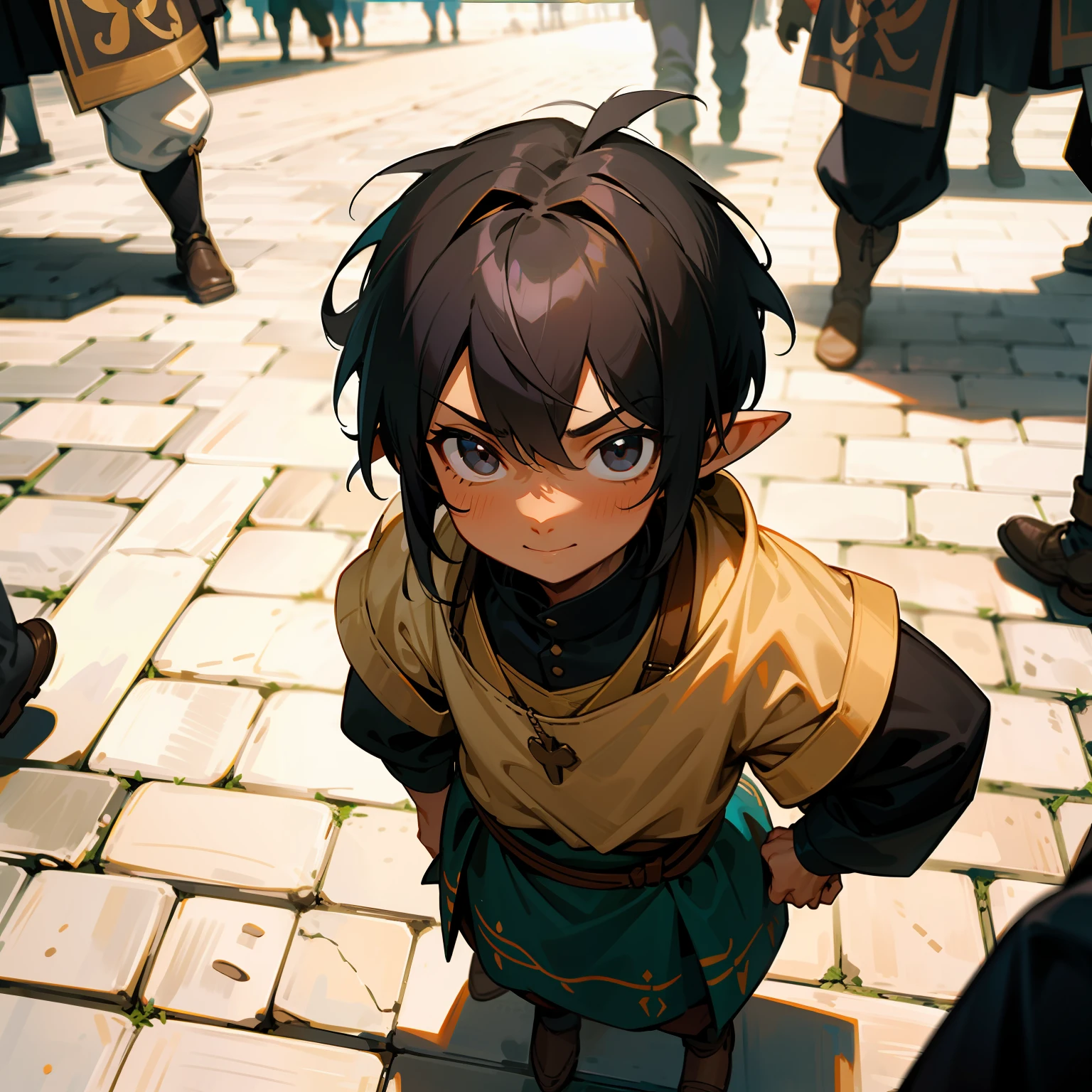 1boy, {{miniguy}}, man, pointy ears, black hair, black eyes, from above, looking at viewer, scared, tiny, shrunk, tan skin, dark skin, kilt, athletic, muscular, shota, looking up, fantasy, medieval, cobblestones, street, town, buildings, busy, innocent, cute, smile, crowd, people, crowds, surrounded by people, satchel, people in medieval clothes,