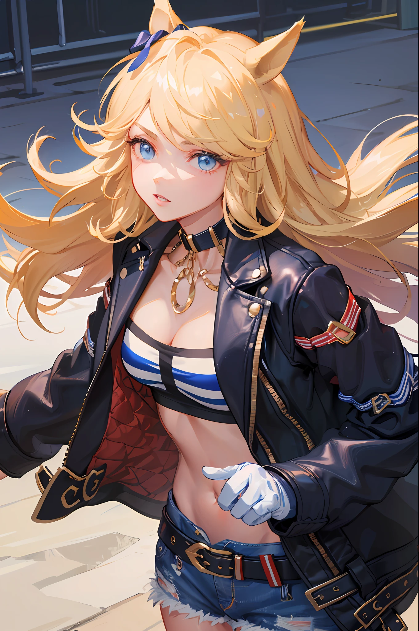 ((masterpiece)),(illustration),(((best quality)),iridescent,
((beautiful detailed girl)), (((cinematic light))), medium breast,upper_body,
(delicate cute face),lovestruck,(iridescent eyes),
((floating_hair)),iridescent,
parted lips, black choker, gold chain, single glove, white gloves, long sleeves, bandeau, cleavage, strapless, tube top, navel, midriff, open jacket, open clothes, black jacket, black belt, denim shorts, cutoffs, mismatched footwear,
,beautiful landscape,
gold city \(umamusume\), modeling shot,