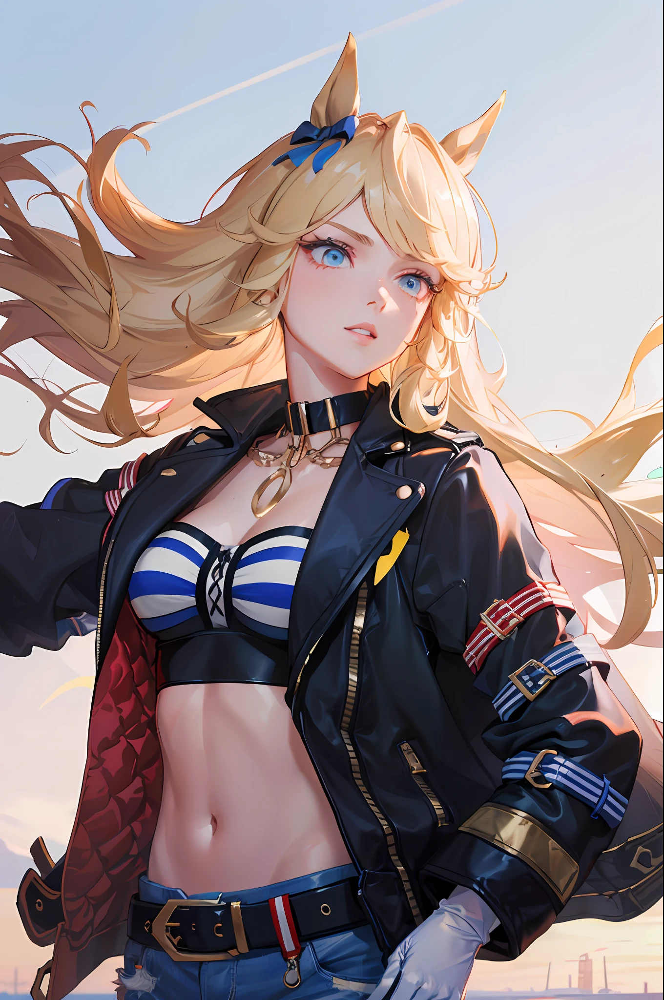 ((masterpiece)),(illustration),(((best quality)),iridescent,
((beautiful detailed girl)), (((cinematic light))), medium breast,upper_body,
(delicate cute face),lovestruck,(iridescent eyes),
((floating_hair)),iridescent,
parted lips, black choker, gold chain, single glove, white gloves, long sleeves, bandeau, cleavage, strapless, tube top, navel, midriff, open jacket, open clothes, black jacket, black belt, denim shorts, cutoffs, mismatched footwear,
,beautiful landscape,
gold city \(umamusume\), modeling shot,