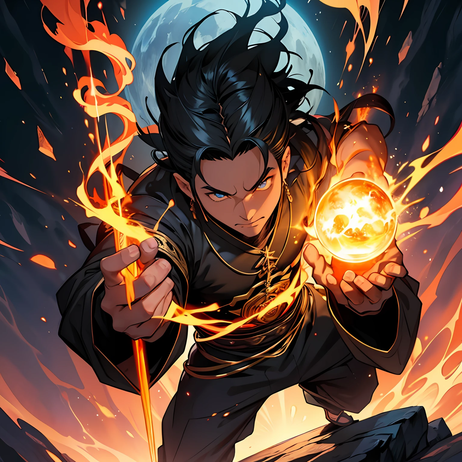 personagem homem , Man, macho, anime com cabelos brancos e cabelos brancos pele preta, pele escura, Olhos vermelhos, olhos avermelhados, badass anime 8 k, personagem , cgi fantasy art anime fire behind it, anel de fogo, sorcerer casting fire, a sorcerer casting a fireball, an arcane wizard casting a spell, Mage conjuring a spell, mago de fogo, casting fire spell, holy fire spell art, casting a fire spell, fire spell, cara bonito na arte, Epic fantasy art style, inspirado em Moshukou Tensei , epic full color illustration, imagem de estilo fantasia, pele negra , Olhos vermelhos , pele escura, Olhos vermelhos, orelhas ponturas, cabelos brancos, fios brancos, Ouvir branco