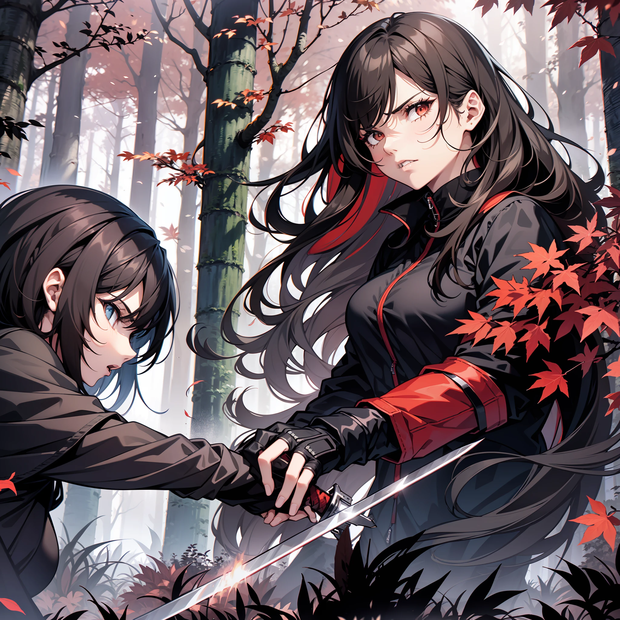 Two young women fighting with swords head to head on opposite sides of the photo/frame, in a dark forest and the woman is startled and angry and is blocking the ninja’s sword, it’s slightly muddy, surrounded by tall trees with red leaves. They wear black jackets and have dark hair that reaches their shoulders. The forest is dimly lit, creating a contrast between the red and black colors. The image evokes a sense of mystery and danger.