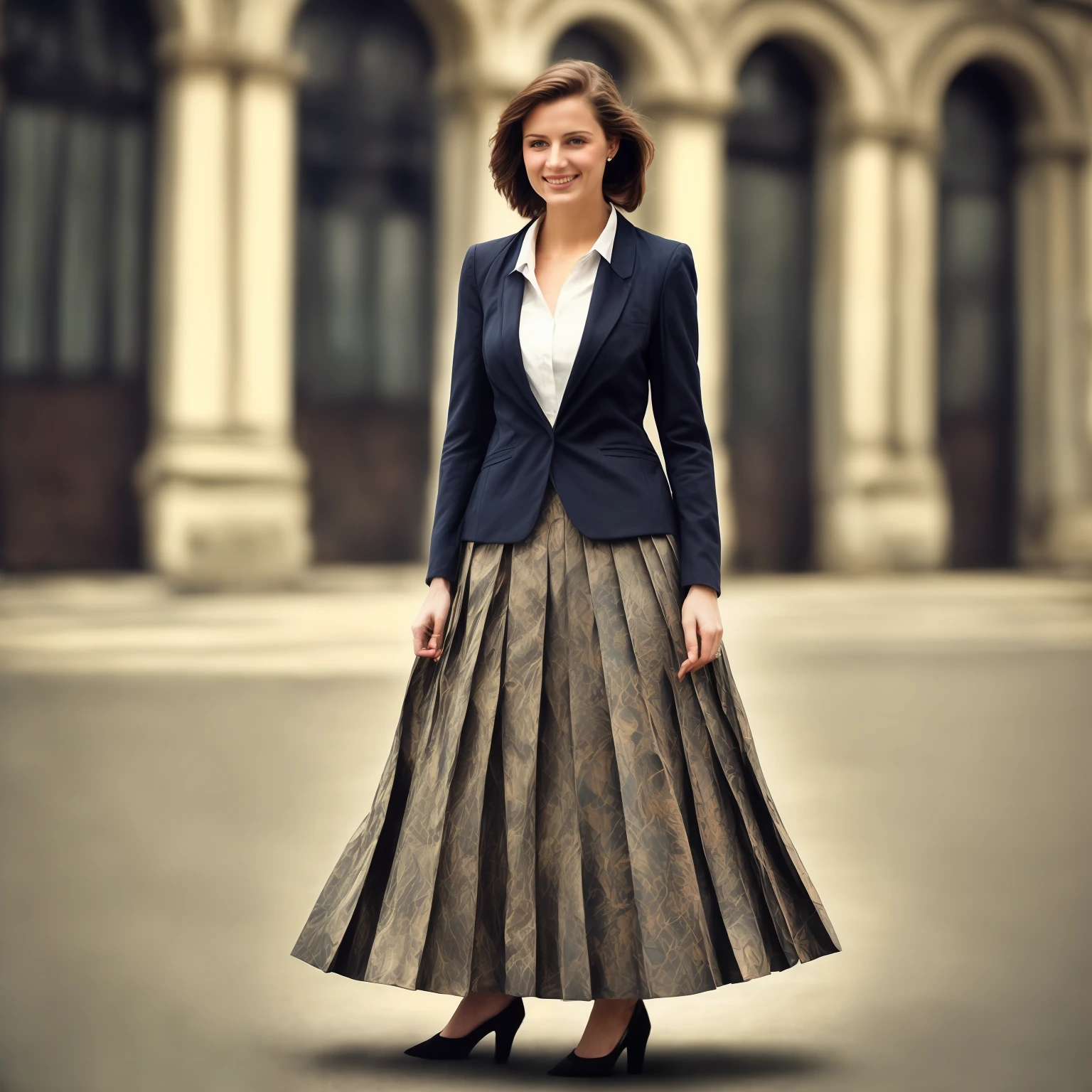 authentic (very shy:1,4 smiling) good woman wearing a short blazer with a very very detailed (long (fully pleated) full circle skirt) and (simple) low heeled office shoes, very very intricate hyper-detailed symmetric (attractive graceful young feminine face) with (sad, tired eyes and shy smile:1,1), full of empathy and compassion and love, (pronounced (feminine) features), (highly detailed ultra accurate realistic) hands and fingers, (windy conditions and wind blowing), epic composition, highly detailed attributes, highly detailed atmosphere, (35mm f1.4 Kodak portra 400 photograph), extremely high quality RAW photograph, intricate, Exquisite details and textures,