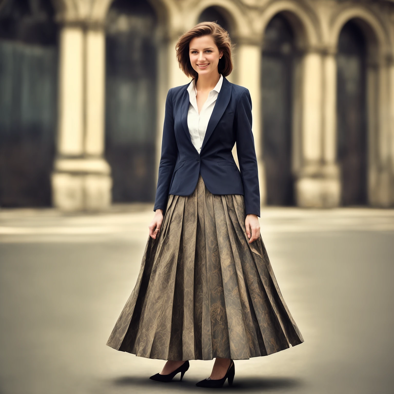 authentic (very shy:1,4 smiling) good woman wearing a short blazer with a very very detailed (long (fully pleated) full circle skirt) and (simple) low heeled office shoes, very very intricate hyper-detailed symmetric (attractive graceful young feminine face) with (sad, tired eyes and shy smile:1,1), full of empathy and compassion and love, (pronounced (feminine) features), (highly detailed ultra accurate realistic) hands and fingers, (windy conditions and wind blowing), epic composition, highly detailed attributes, highly detailed atmosphere, (35mm f1.4 Kodak portra 400 photograph), extremely high quality RAW photograph, intricate, Exquisite details and textures,