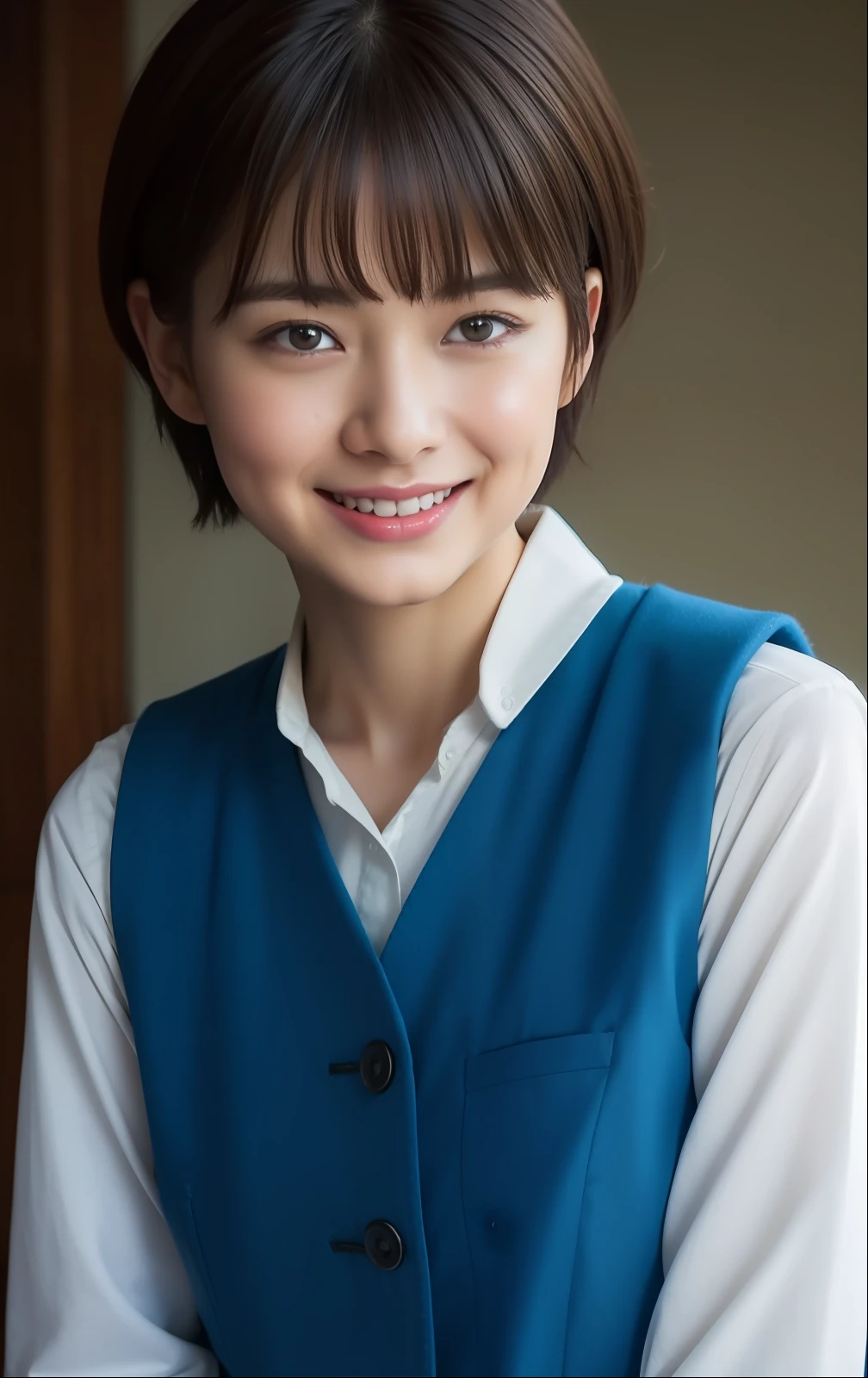 (((Short-cut hairstyles))), top-quality, 8K, HDR, Hi-Res, absurderes:1.2, a picture, (RAW Photography:1.2), (Photorealsitic:1.4), (masterpiece:1.3), (intricate detailes:1.2), 1girl in, 独奏, a japanese girl, Delicate and beautiful details, (A detailed eye), (detailed facial features), 小柄, (((tiny chest))), tonned skin, (looking_at_viewer), from_front, (skiny), (top-quality:1.4), (超A high resolution:1.2), cinematric light, (Extreme detailed illustration), (lipgloss、top-quality、超A high resolution、depth of fields、Caustics、Broadlighting、Natural Shading、85mm、f / 1.4、ISO 200、1 / 160 seconds:0.75)、1girl in、独奏、((Blue Vest)))a smile、校服、a necklace、fashionable cafe:1.3、Black neat and clean clothes、乃木坂アイドル、hposing Gravure Idol、Beautie