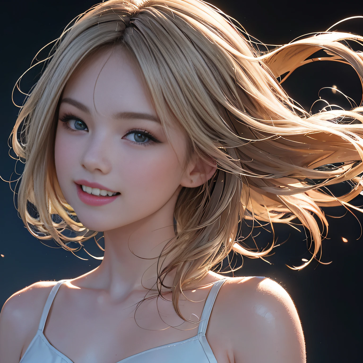 (8K, RAW Photos, of the highest quality, Masterpieces: 1.2), (Realistic, Photorealistic: 1.37), Highest Quality, Ultra High Resolution, light  leaks, Dynamic lighting, Slim and smooth skin, (Full body:1.3), (Soft Saturation: 1.6), (Fair skin: 1.2), (Glossy skin: 1.1), Oiled skin, 22 years old, Night, shiny white blonde, Well-formed, Hair fluttering in the wind, Close-up shot of face only, Physically Based Rendering, From multiple angles, A big smile、student clothes