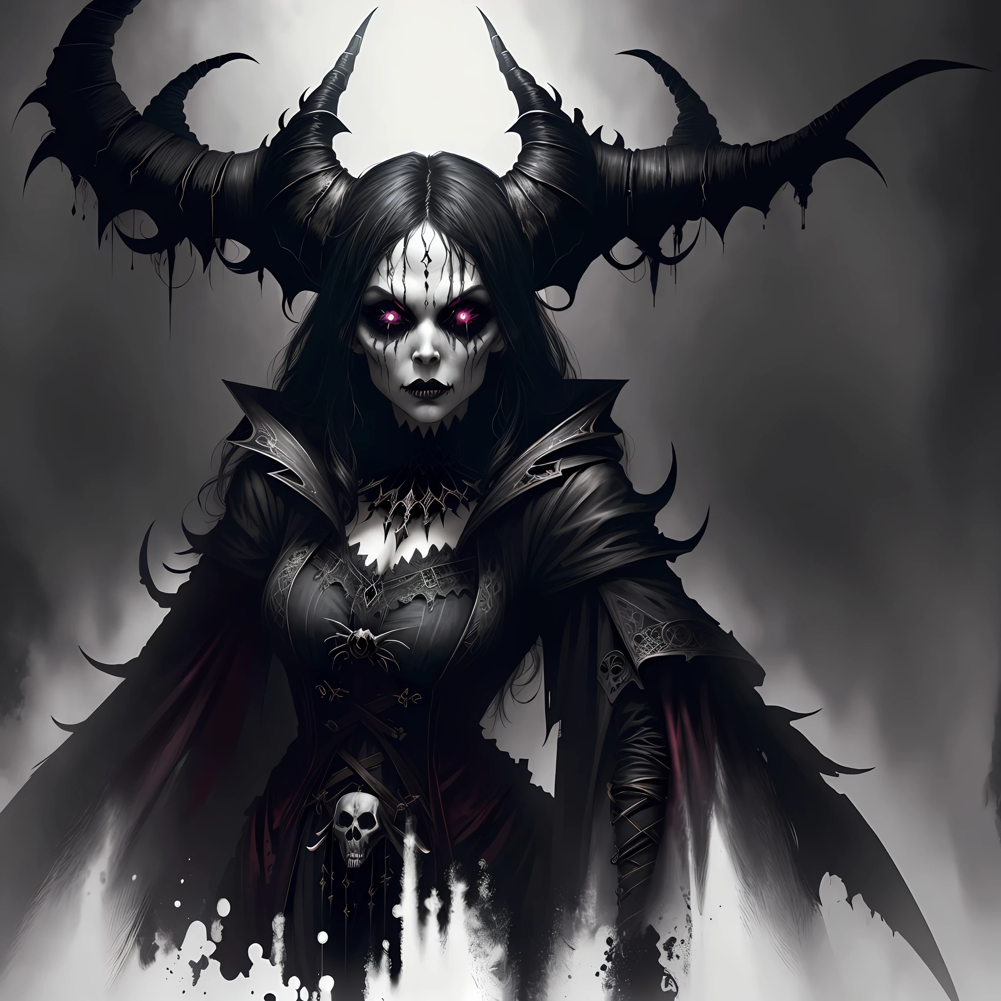 GothicPunkAI fashion, 30 year women with big horns, evil, dark theme, scary makeup, ultra realistic, high detailed