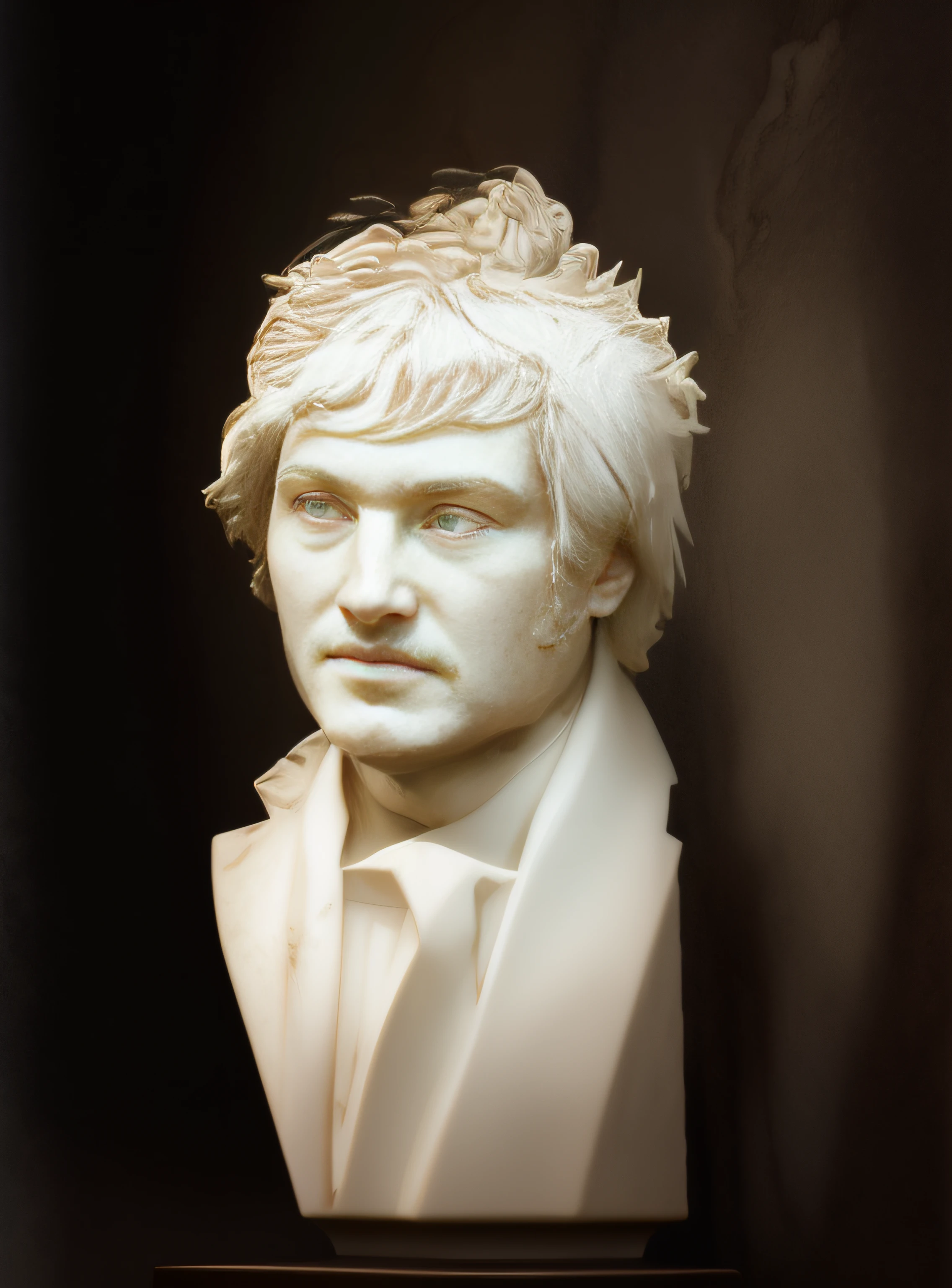Busto arafed blanco de 1 hombre de cabello blanco, Classical antiquities, White marble bust, solo cabeza y busto, bustos blancos con un hermoso cuello, busto de retrato, Classical sculpture, Classical marble sculpture, Retrato de busto, Large bust, (((White Greek marble statue))), Tiro de busto, ((photorealistic)) realistic, luz proveniente de arriba, yeso, foto de estudio.