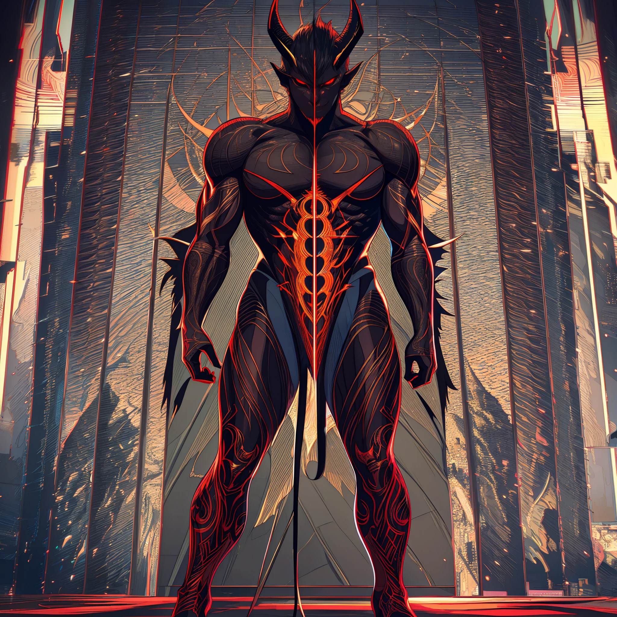 symmetry),centered,a full body picture,(Lucifer), the devil, demon, 35mm, clothes detail, male, 8k texture, 8k, insane details, intricate details, hyperdetailedhighly detailed,realistic,soft cinematic light,HDR,sharp focus, ((((cinematic look)))),intricate, elegant, highly detailed, muscular, horns, red skin