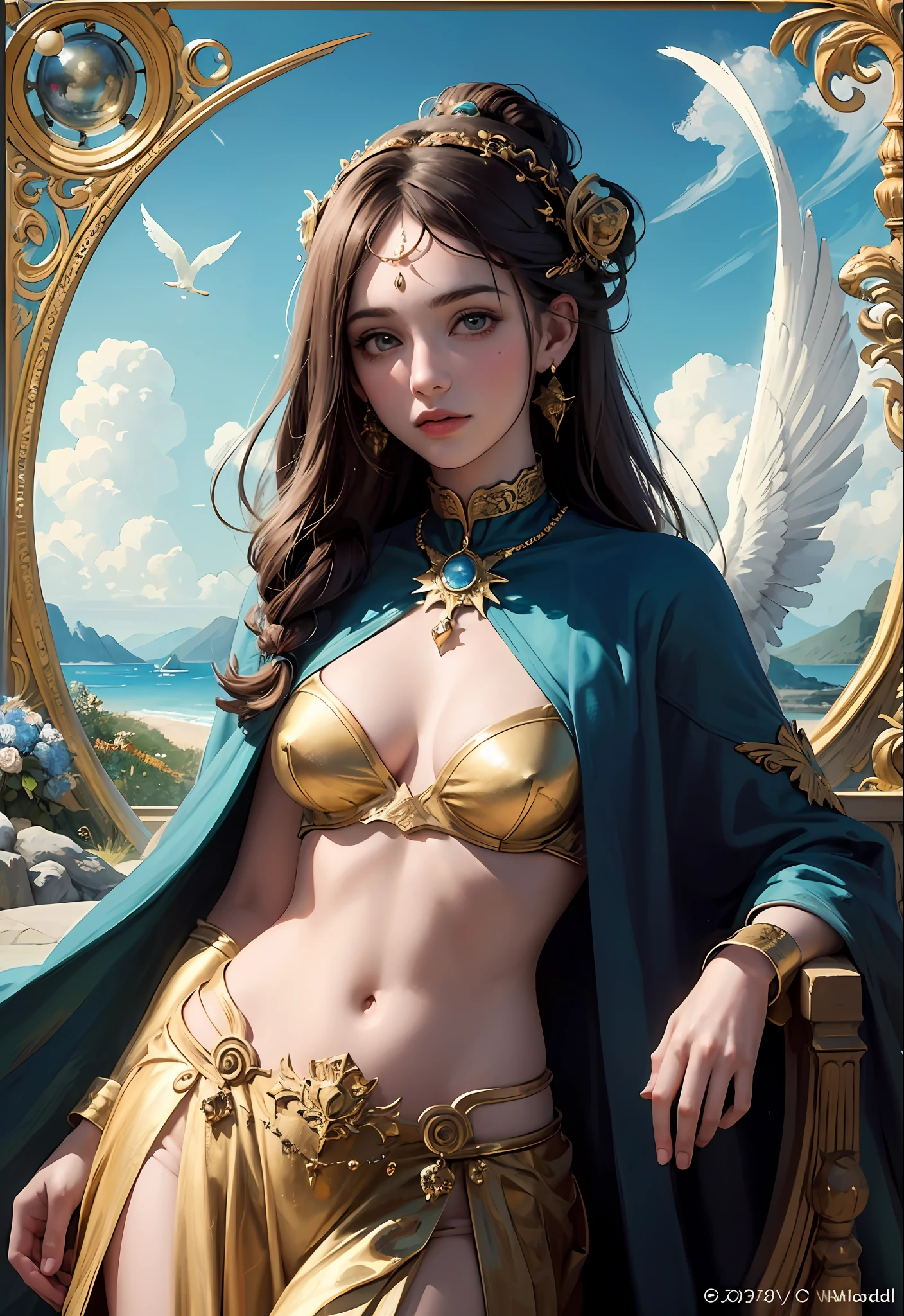 (masterpiece, top quality, best quality, official art, beautiful and aesthetic:1.2), (1girl), extreme detailed,colorful,highest detailed,a digital painting of a girl with birds on her head, symmetrical epic fantasy art, gold black, inspired by, Michael Parkes, inspired by, god is a girl, circe, AFTER THE STORM
