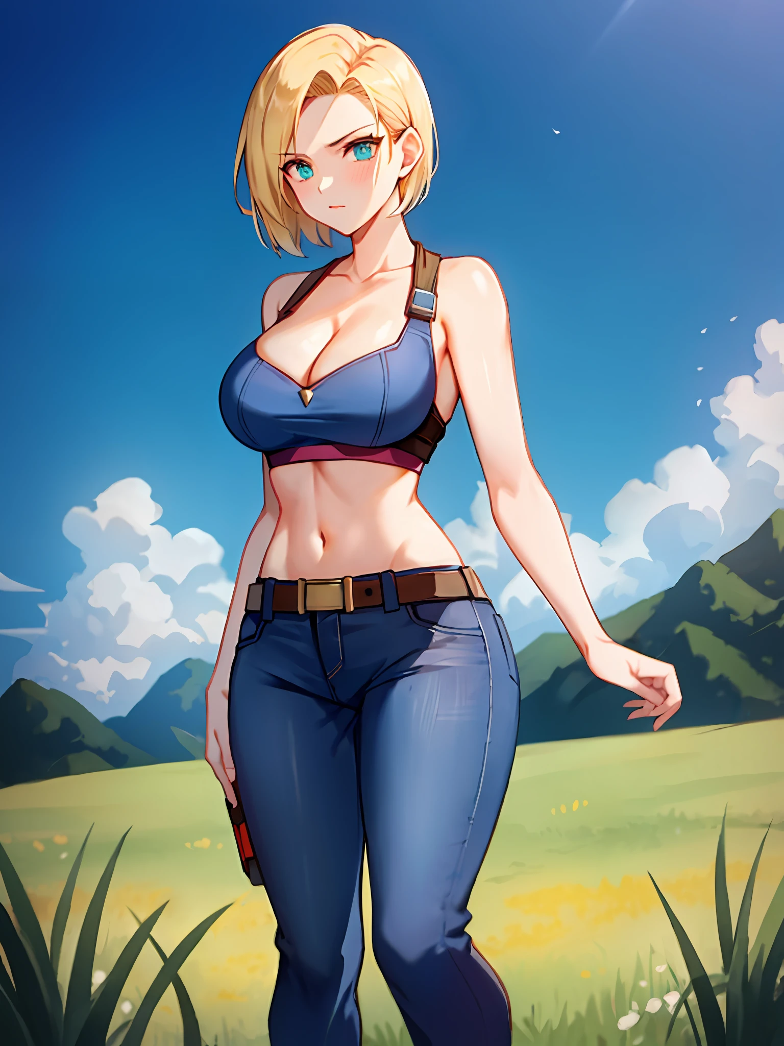 Blonde woman in red top and blue jeans posing in field, Android 18, looking like annie leonhart, from ff7, glamorous jill valentine, as an overwatch character, Female protagonist 👀 :8, Abigail from Stardew Valley, jetstream sam from metal gear, full-cosplay, annie leonhart, From《final fantasy》, cammy, soldier 7 6 from overwatch，Exposed cleavage