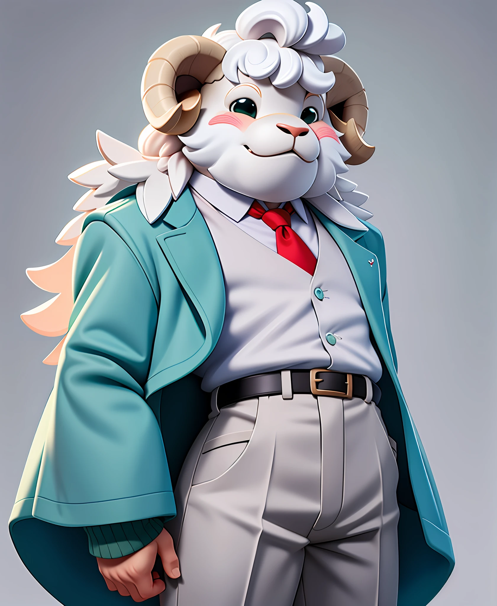 Sheep anthropomorphic, kawaii style, white angel wings, wearing long sleeve white shirt over a teal vest with a red tie and teal pants with belts, Strength, Courage, Compassion, Masterpiece, Best Quality