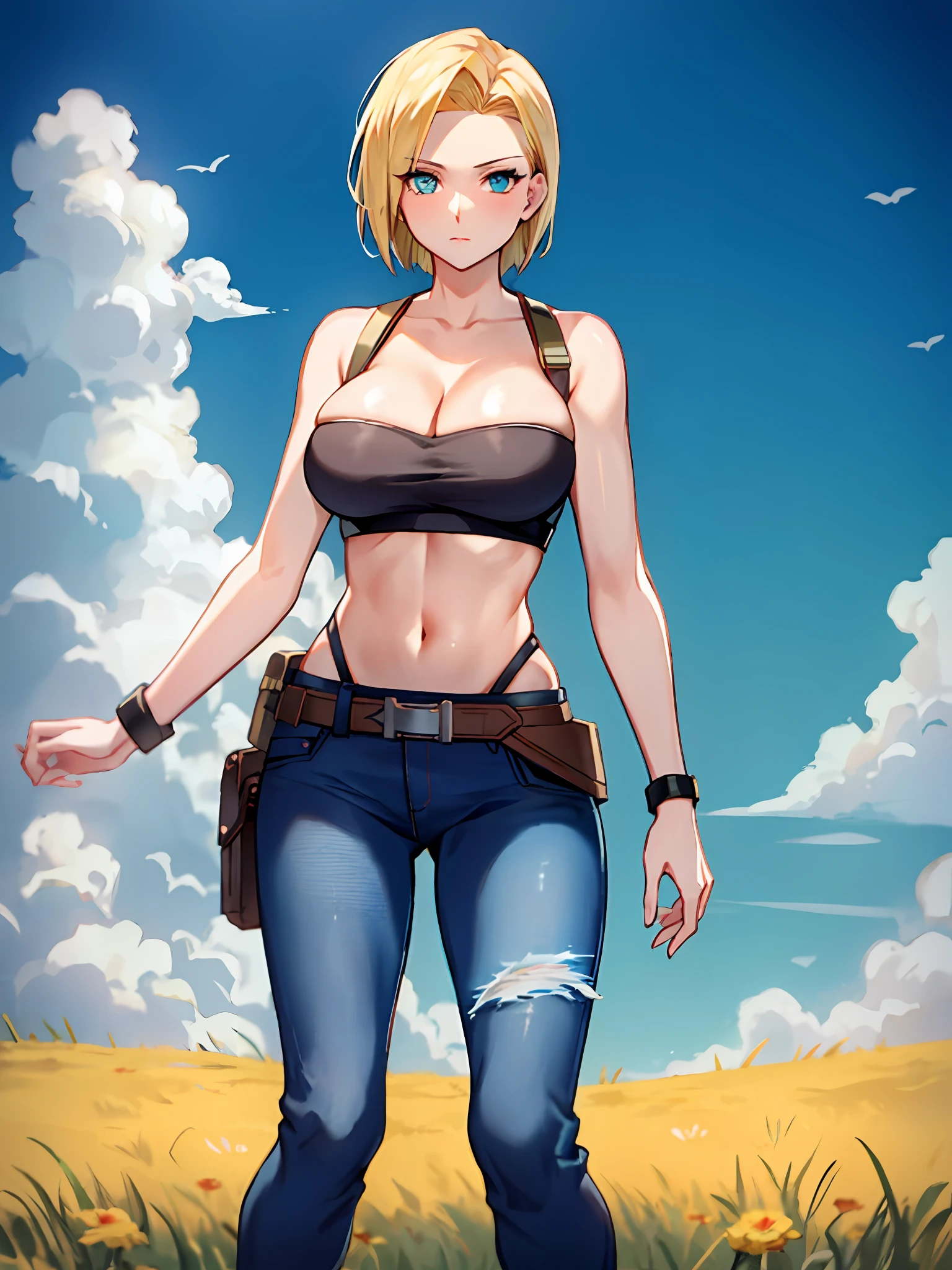 Blonde woman in red top and blue jeans posing in field, Android 18, looking like annie leonhart, from ff7, glamorous jill valentine, as an overwatch character, Female protagonist 👀 :8, Abigail from Stardew Valley, jetstream sam from metal gear, full-cosplay, annie leonhart, From《final fantasy》, cammy, soldier 7 6 from overwatch,Exposed cleavage