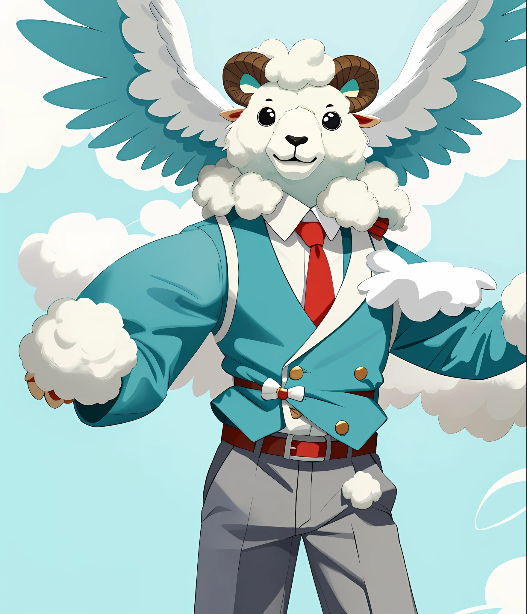 Sheep anthropomorphic, kawaii style, white angel wings, wearing long sleeve white shirt over a teal vest with a red tie and teal pants with belts, Strength, Courage, Compassion, Masterpiece, Best Quality