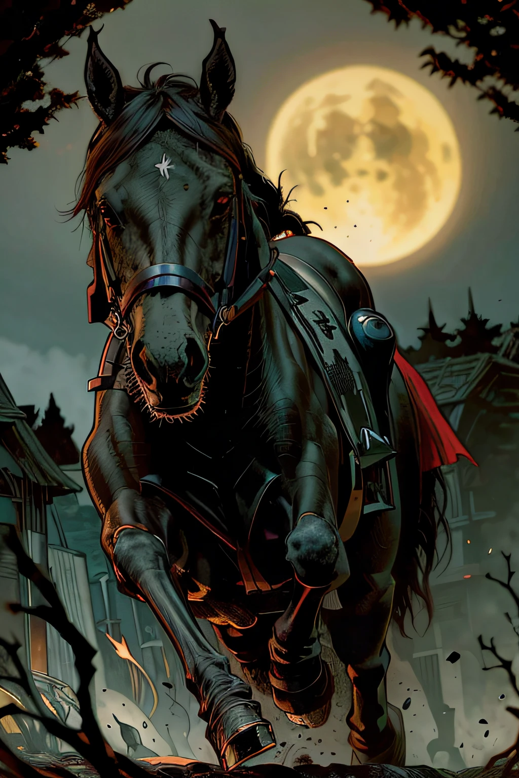 (((a red-eyed black horse running with a headless black caped soldier))), (dark:1.3), ((Headless Knight)), (soldado decapitado), (olhos vermelhos), Similar to the movie The Legend of the Headless Knight, a lenda de sleepy hollow, ((cavaleiro parecido com um dementador)), morte, cavalo preto, good hand, 4k, high-res, obra-prima, melhor qualidade, headpe: 1.3, ((fotografia Hasselblad)), foco nítido, (cinematic lighthing), noite, soft-lighting, dinamic angle, fora, cidade, monochrome background, 1800's