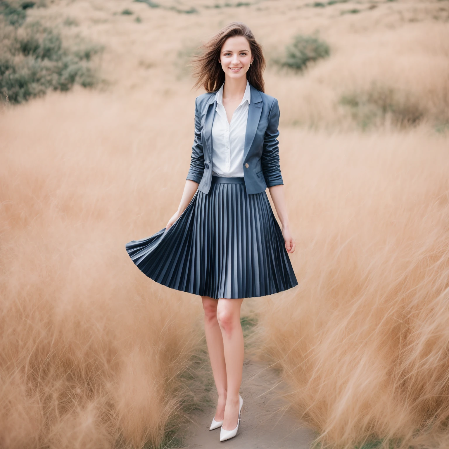 authentic (very shy:1,4 smiling) good woman wearing a short blazer with a very very detailed (long (fully pleated) full circle skirt) and (simple) low heeled office shoes, very very intricate hyper-detailed symmetric (attractive graceful young feminine face) with (sad, tired eyes and shy smile:1,1), full of empathy and compassion and love, (pronounced (feminine) features), (highly detailed ultra accurate realistic) hands and fingers, (windy conditions and wind blowing), epic composition, highly detailed attributes, highly detailed atmosphere, (35mm f1.4 Kodak portra 400 photograph), extremely high quality RAW photograph, intricate, Exquisite details and textures,