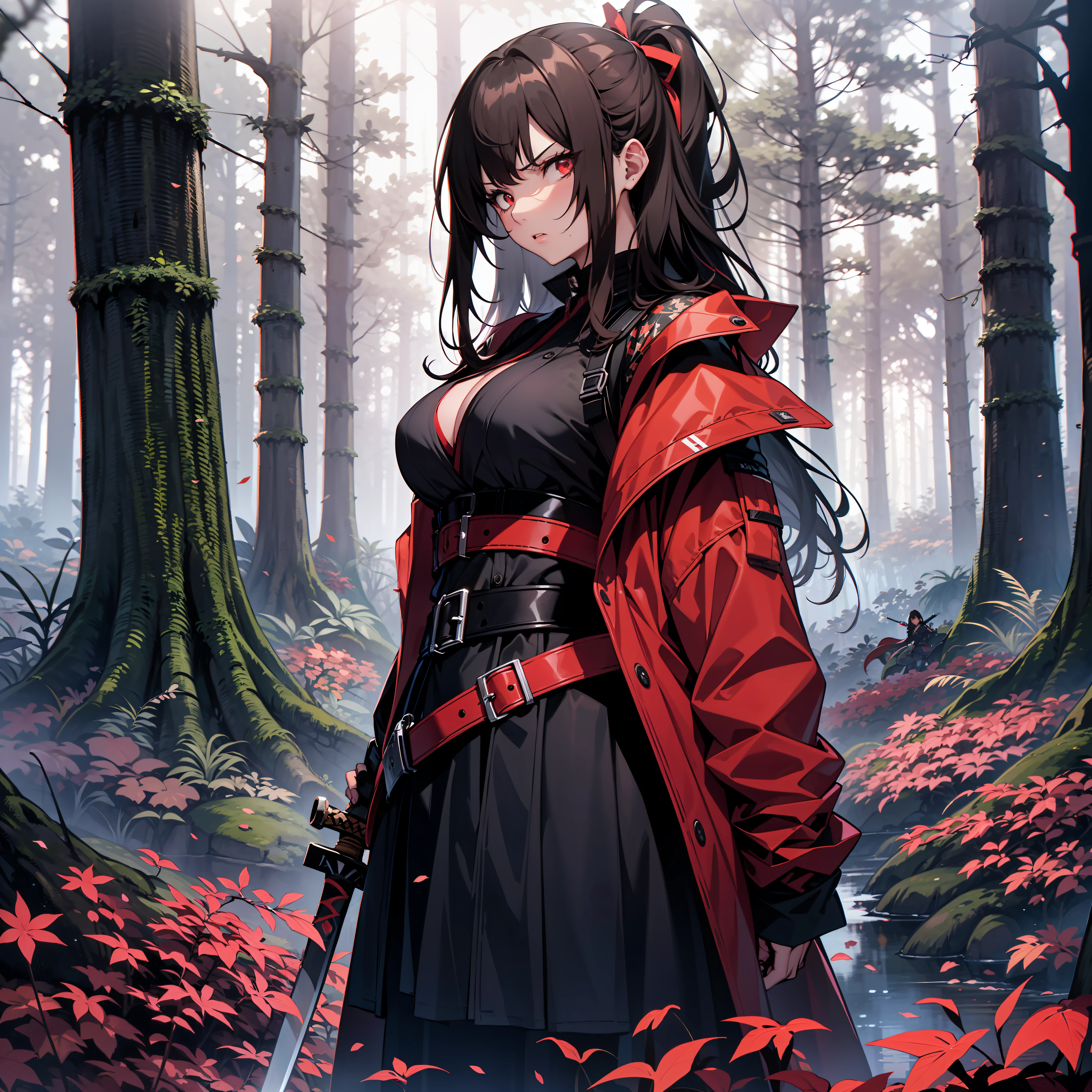 Two young women fighting with swords head to head on opposite sides of the photo/frame, in a dark forest and the woman is startled and angry and is blocking the ninja’s sword, it’s slightly muddy, surrounded by tall trees with red leaves. They wear black jackets and have dark hair that reaches their shoulders. The forest is dimly lit, creating a contrast between the red and black colors. The image evokes a sense of mystery and danger.