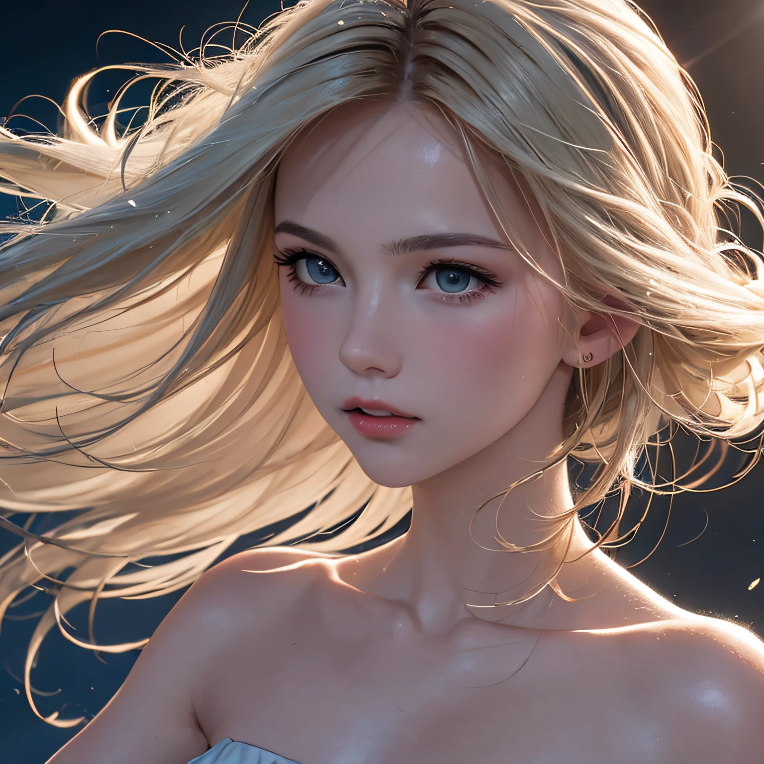 (8K, RAW Photos, of the highest quality, Masterpieces: 1.2), (Realistic, Photorealistic: 1.37), Highest Quality, Ultra High Resolution, light  leaks, Dynamic lighting, Slim and smooth skin, (Full body:1.3), (Soft Saturation: 1.6), (Fair skin: 1.2), (Glossy skin: 1.1), Oiled skin, 22 years old, Night, shiny white blonde, Well-formed, Hair fluttering in the wind, Close-up shot of face only, Physically Based Rendering, From multiple angles