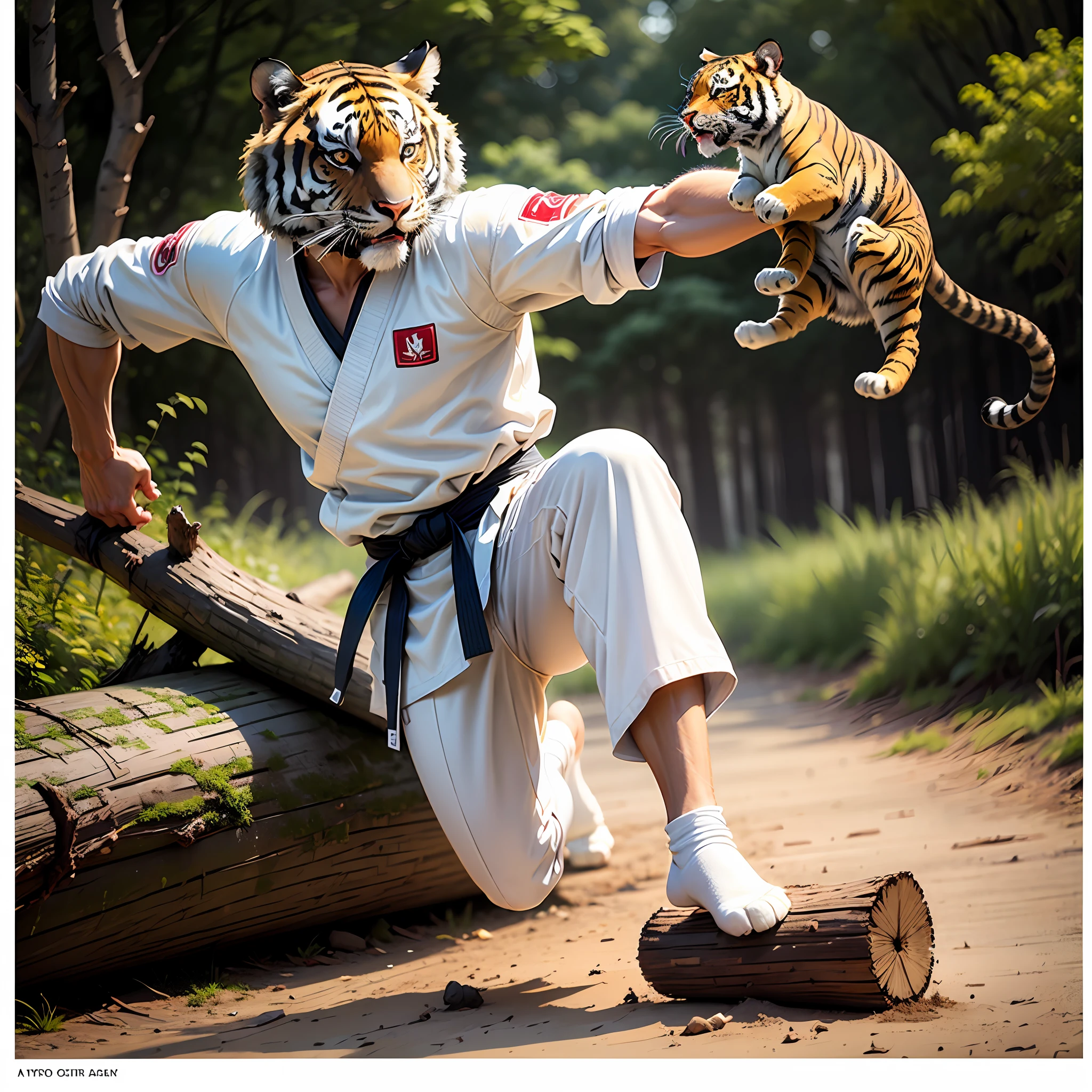 Tiger in karate outfit kicking a log --auto