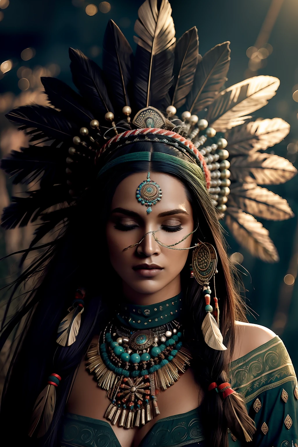 (full portrait), (half shot), solo, detailed background, detailed face, (stonepunkAI, stone theme:1.1), wise, (female), (native american), (beautiful hair, braids:0.2), shaman, septum piercing, mystical, (gorgeous face), stunning, head tilted upwards, (eyes closed, serene expression), calm, meditating, Seafoam Green frayed clothes, prayer beads, tribal jewelry, feathers in hair, headdress:0.33, jade, obsidian, detailed clothing, cleavage, realistic skin texture, (floating particles, water swirling, embers, ritual, whirlwind, wind:1.2), sharp focus, volumetric lighting, good highlights, good shading, subsurface scattering, intricate, highly detailed, ((cinematic)), dramatic, (highest quality, award winning, masterpiece:1.5), (photorealistic:1.5), (intricate symmetrical warpaint:0.5),