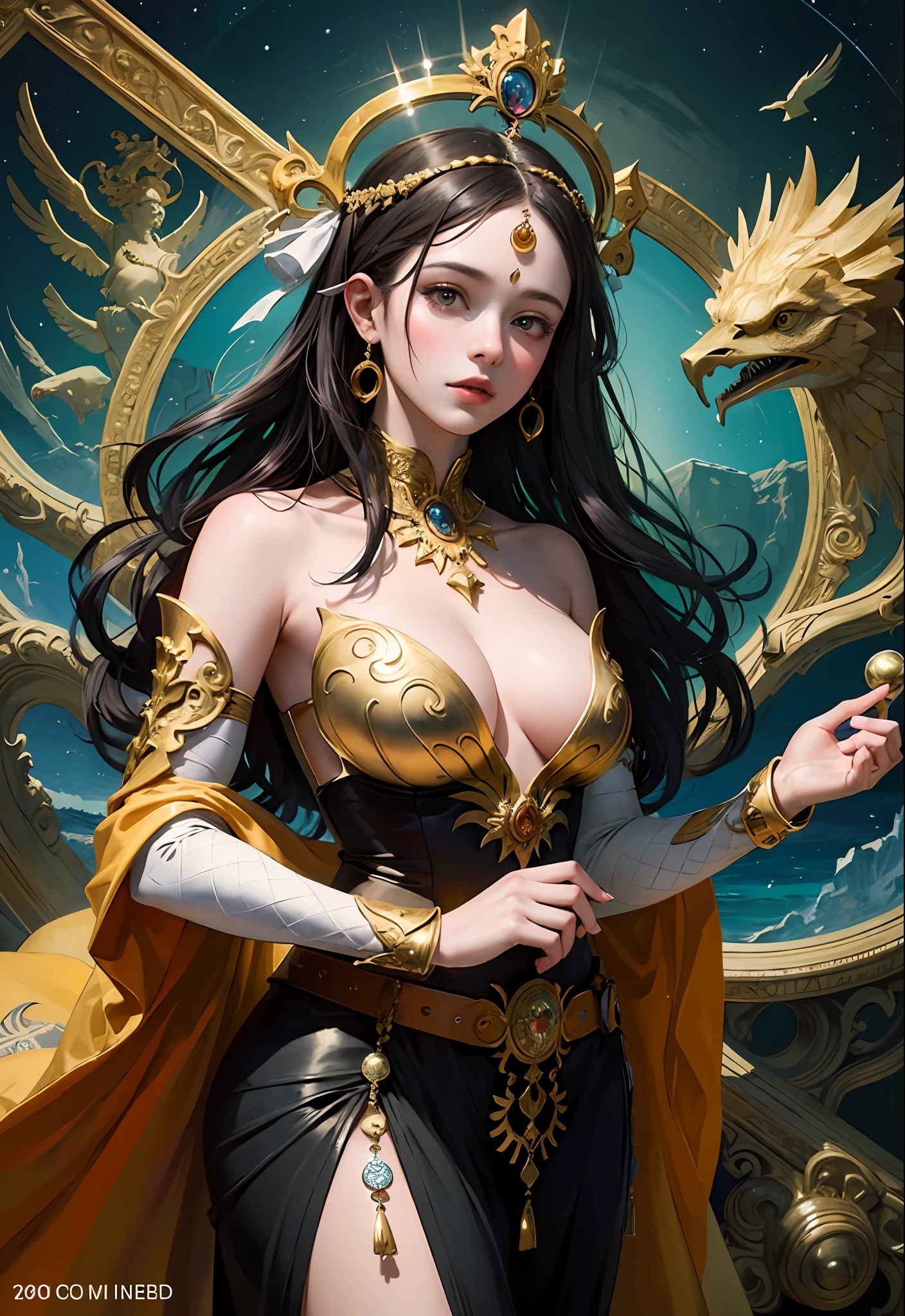 (masterpiece, top quality, best quality, official art, beautiful and aesthetic:1.2), (1girl), extreme detailed,colorful,highest detailed,a digital painting of a girl with birds on her head, symmetrical epic fantasy art, gold black, inspired by, Michael Parkes, inspired by, god is a girl, circe, AFTER THE STORM