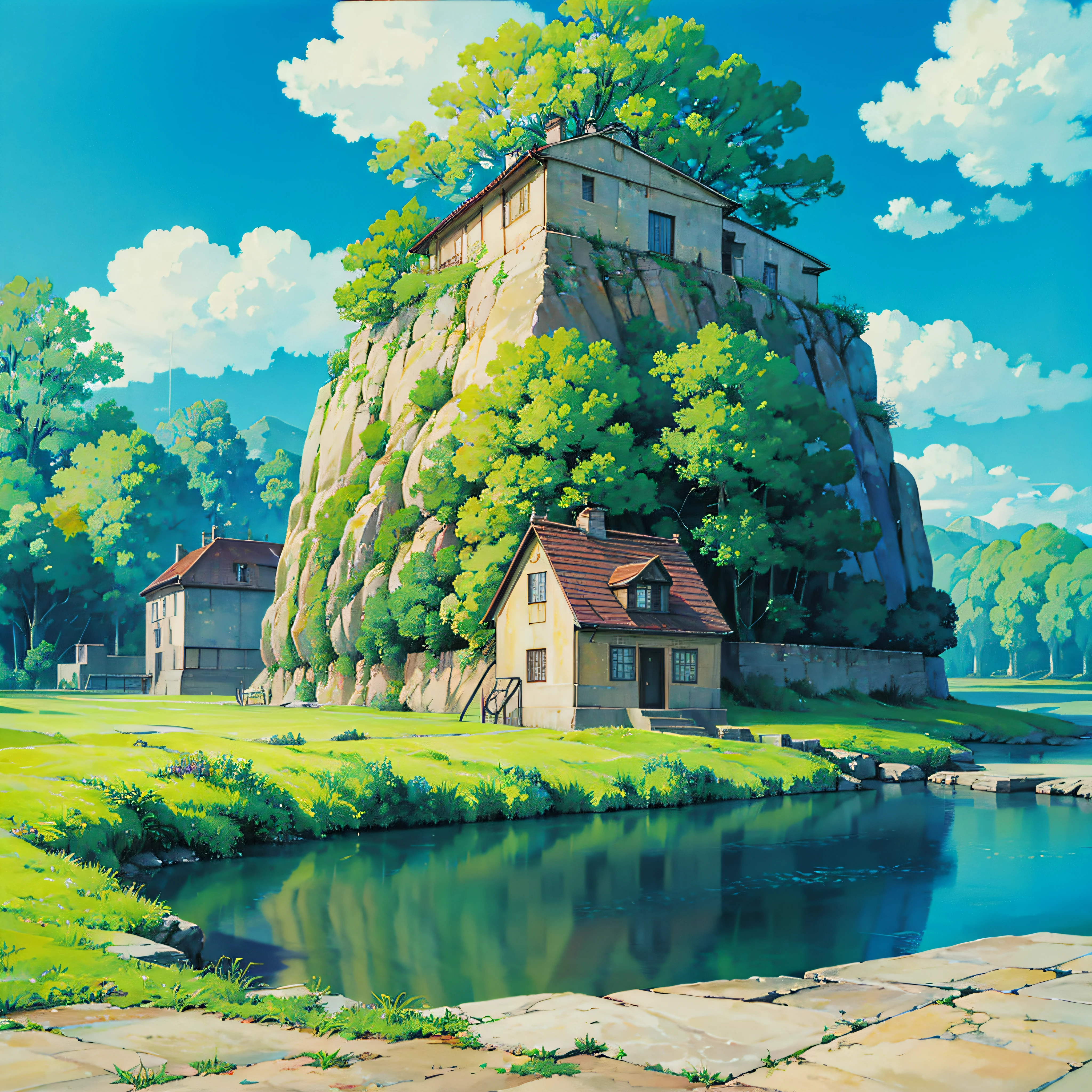 animesque、Skyscape with clouds、Landscape without buildings、You can see the touch of the brush、Studio Ghibli、Ghibli、Scenery、Style、Golden Time、 --auto