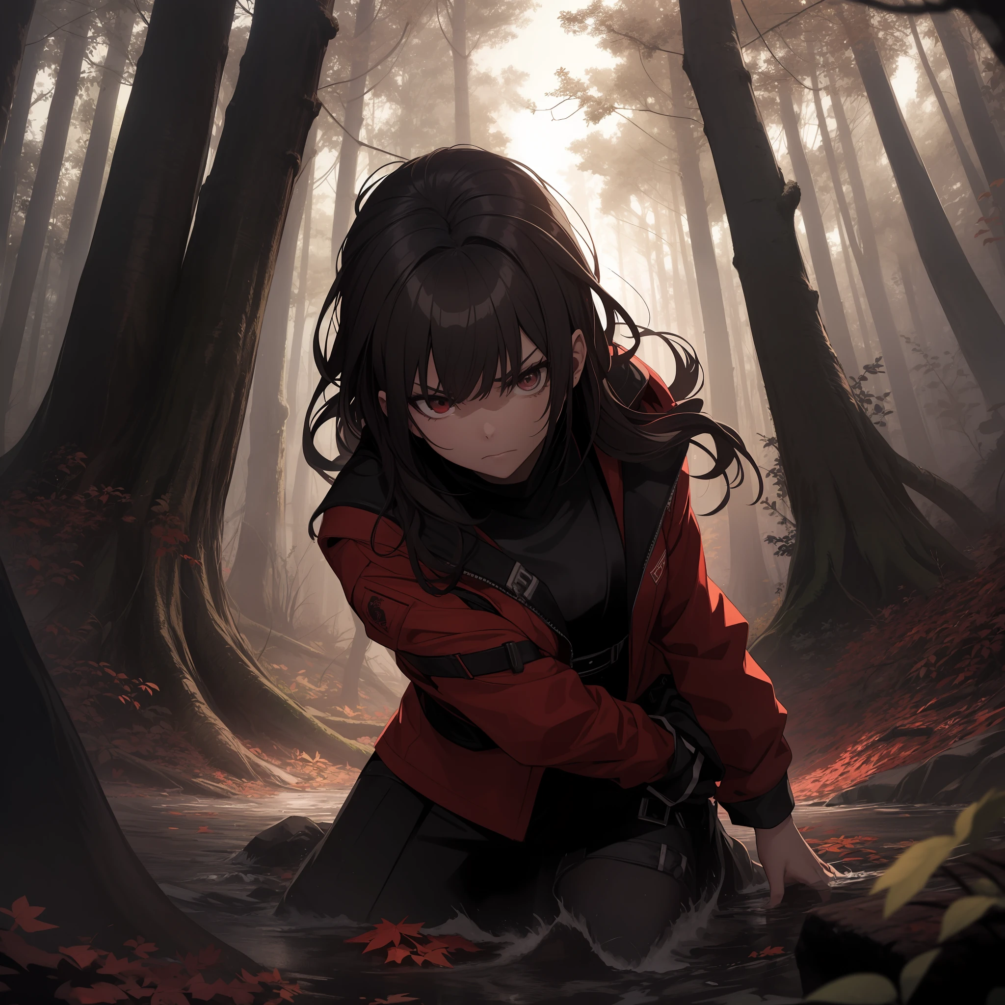 Two young women fighting with swords, in a dark forest and the woman is startled and angry and is blocking the ninja’s sword, it’s slightly muddy, surrounded by tall trees with red leaves. They wear black jackets and have dark hair that reaches their shoulders. The forest is dimly lit, creating a contrast between the red and black colors. The image evokes a sense of mystery and danger.