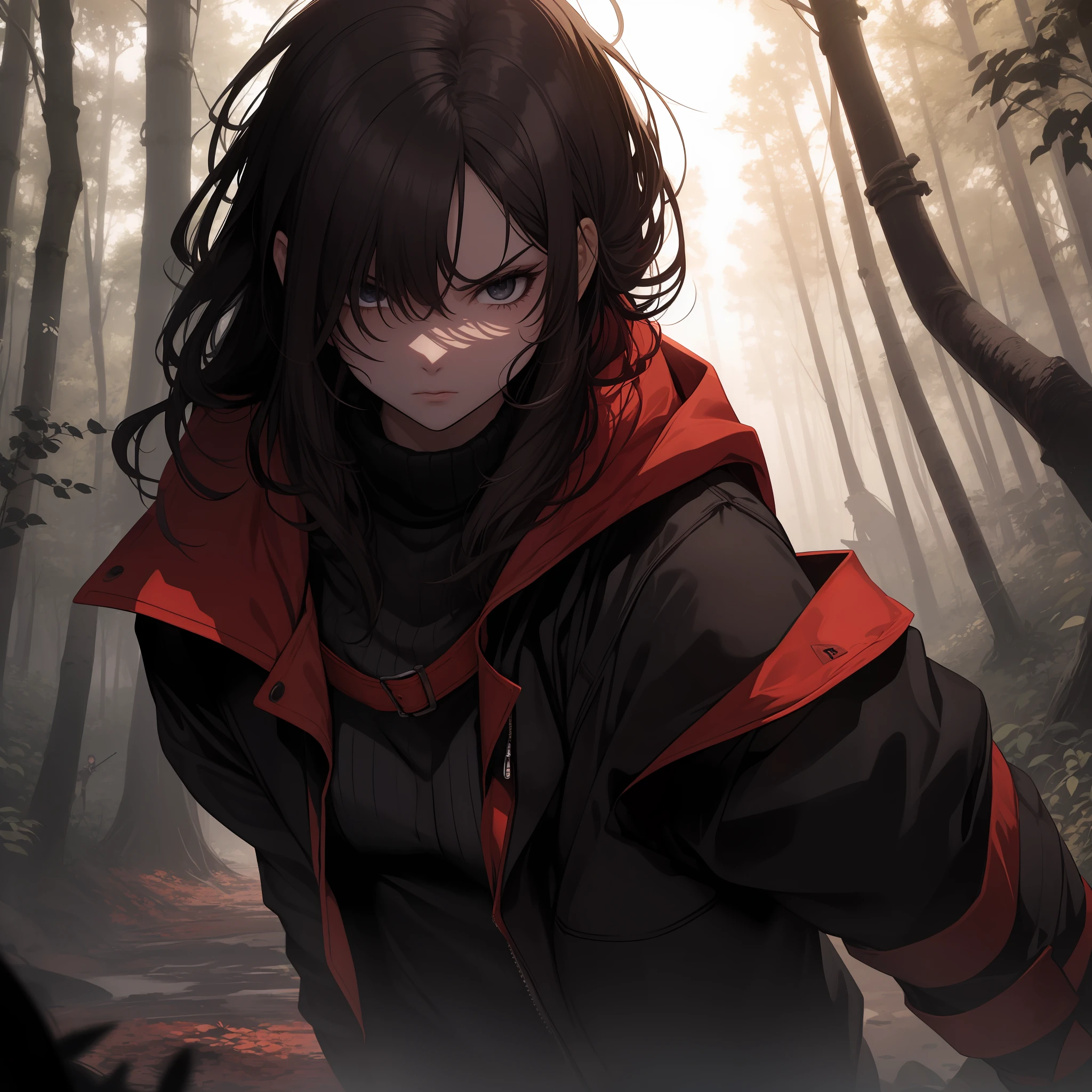 Two young women fighting with swords, in a dark forest and the woman is startled and angry and is blocking the ninja’s sword, it’s slightly muddy, surrounded by tall trees with red leaves. They wear black jackets and have dark hair that reaches their shoulders. The forest is dimly lit, creating a contrast between the red and black colors. The image evokes a sense of mystery and danger.