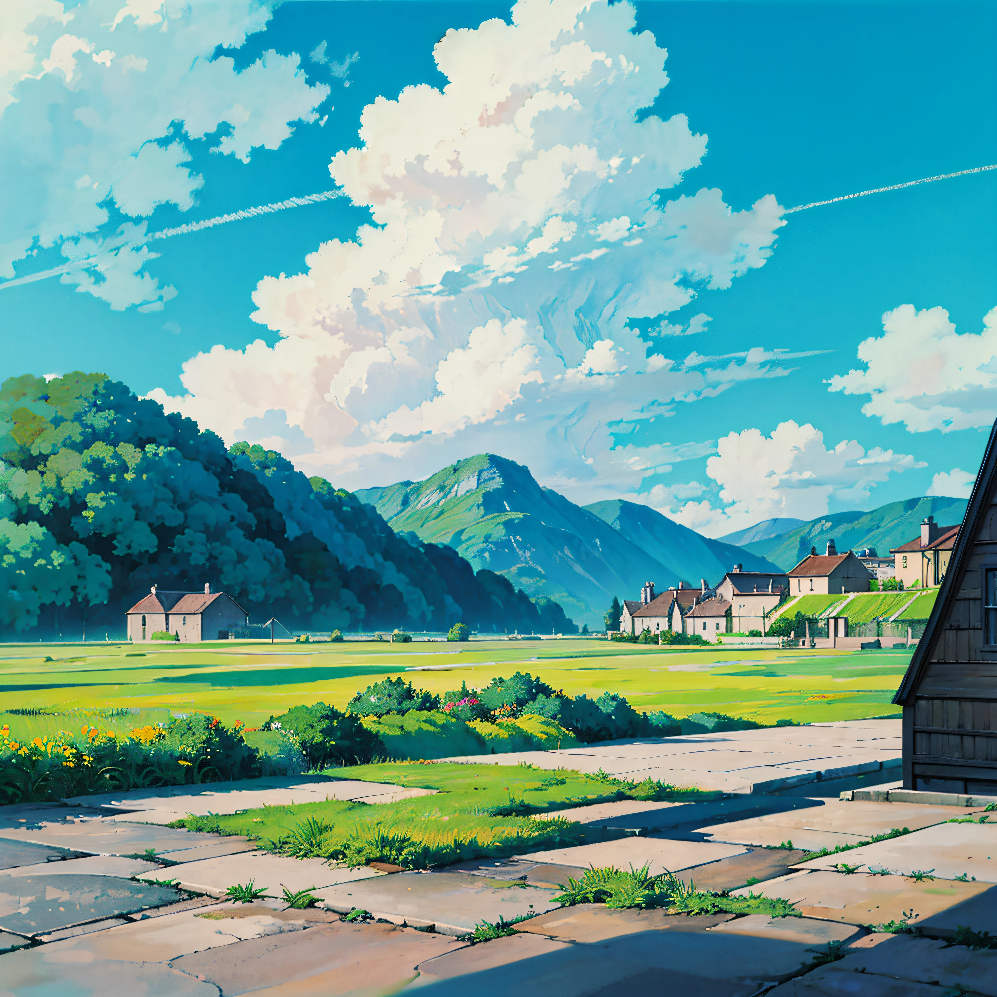 animesque、Skyscape with clouds、Landscape without buildings、You can see the touch of the brush、Studio Ghibli、Ghibli、Scenery、Style、Golden Time、 --auto