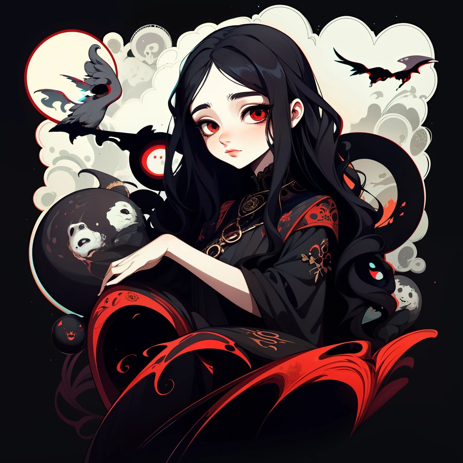 adesivo,1girl, fundo simples, retrato, girl with long hair, beautiful hecate girl, hecate aesthetic, beautiful girl, very beautiful fantasy art, beautiful and elegant female hecate, beautiful detailed fantasy, black and red color palate, black color-theme