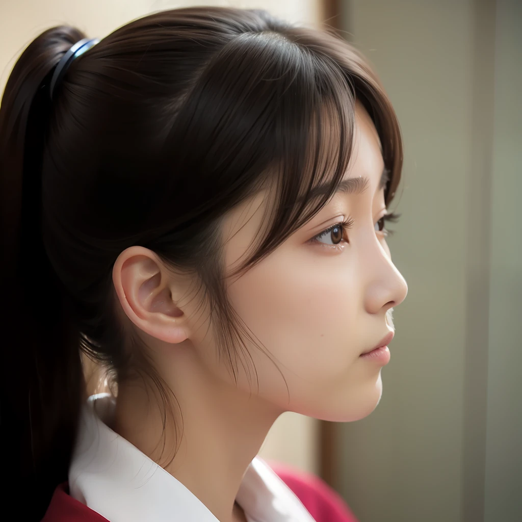 Realistic Japan Woman,Face,20 years old,sad,side view