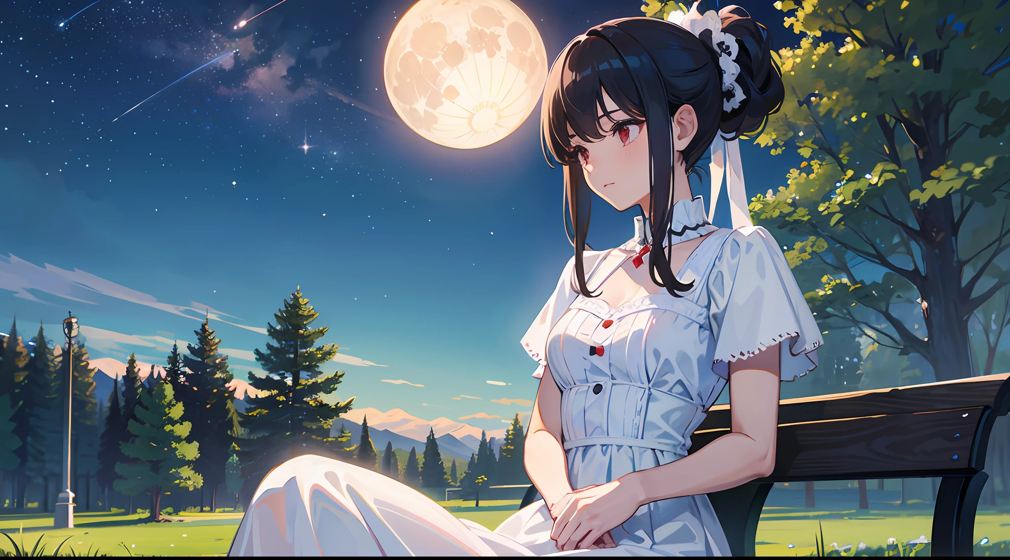 perfect girl sitted on a bench, detailed white dress, black hair tied in single ponytail, soft smile, red eyes, relaxing, peaceful, in a realistic park, starry sky with full moon, slice of life scene, perfect body, masterpiece, ultra detailed everything, ultra detailed textures, trending on pinterest, high quality, by ufotable, professional realistic digital art --auto