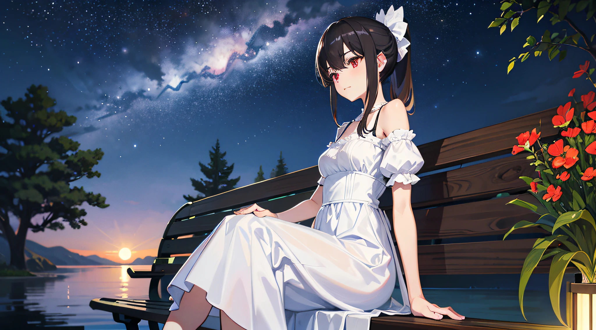 perfect girl sitted on a bench, detailed white dress, black hair tied in single ponytail, soft smile, red eyes, relaxing, peaceful, in a realistic park, starry sky with full moon, slice of life scene, perfect body, masterpiece, ultra detailed everything, ultra detailed textures, trending on pinterest, high quality, by ufotable, professional realistic digital art --auto