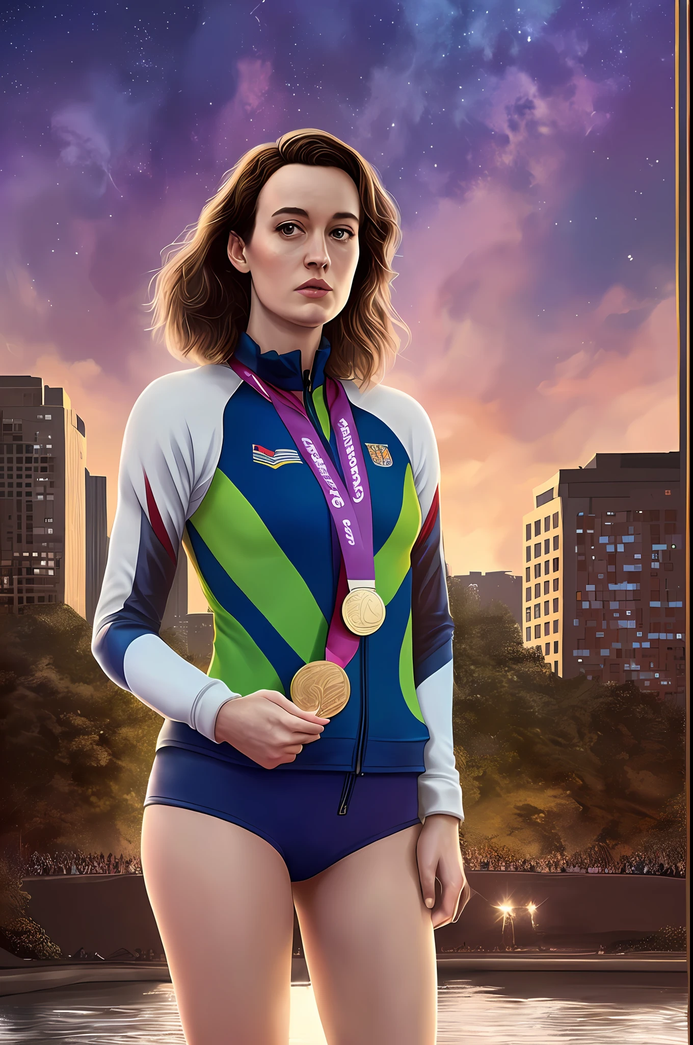 Arte digital com um Kathleen Kennedy Presidente da Lucas films com uma medalha de ouro, Phoebe Waller Bridge with silver medal and Brie Larson with bronze medal at an award ceremony