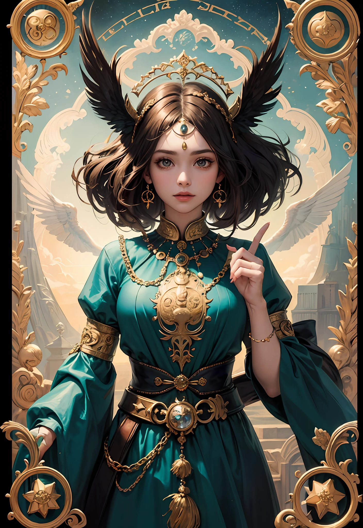 (masterpiece, top quality, best quality, official art, beautiful and aesthetic:1.2), (1girl), extreme detailed,colorful,highest detailed,a digital painting of a girl with birds on her head, symmetrical epic fantasy art, gold black, inspired by, Michael Parkes, inspired by, god is a girl, circe, AFTER THE STORM