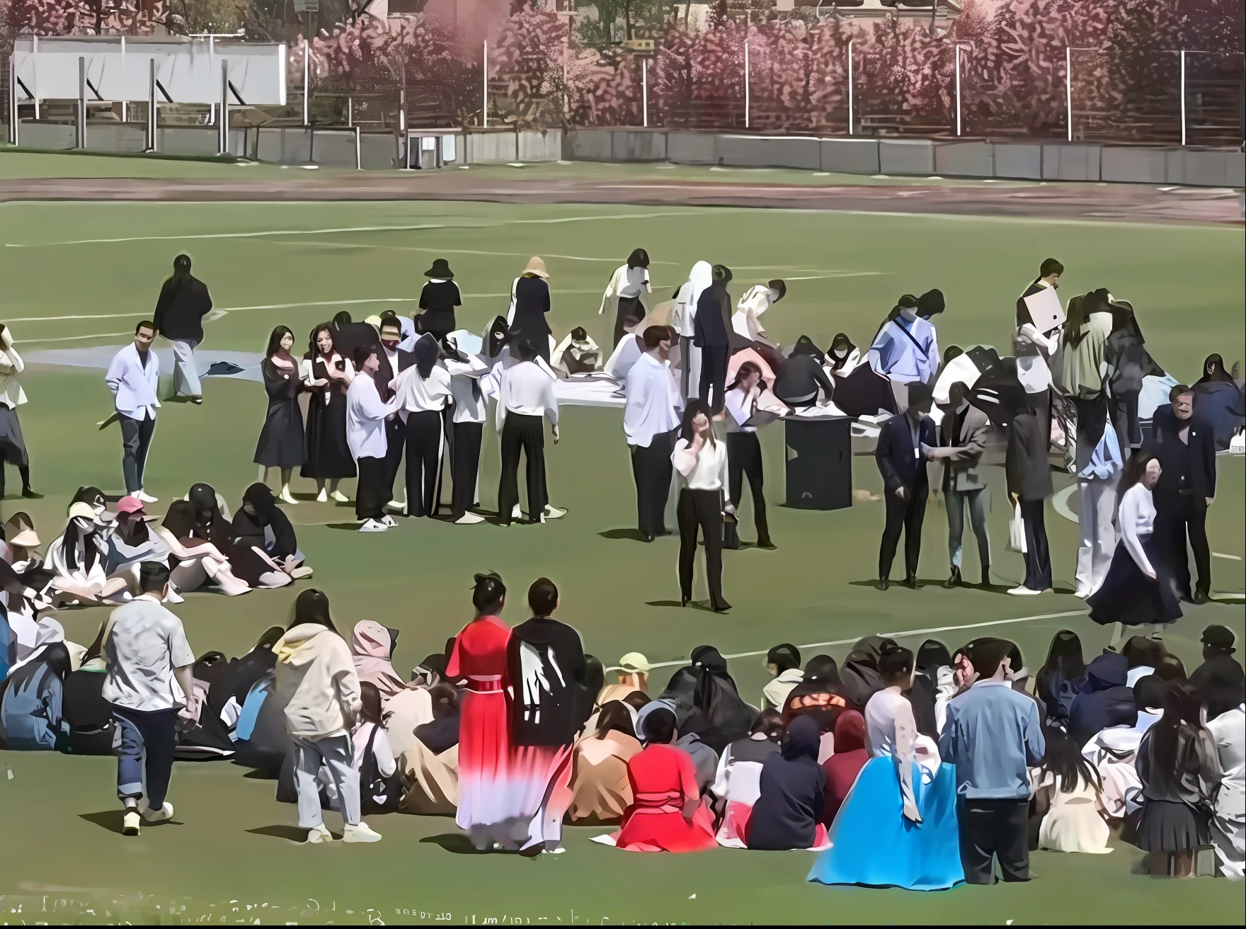There are a lot of people standing in the field with bands, Japan High School, people resting on the grass, Spring season, Outside on the ground, High school, Sunny environment, sunny day time, sangyeob park, The sun is shining, 8K)), people on the ground, haruhi, Sunny atmosphere, um dia ensolarado, sat on the ground，with blue sky and white clouds