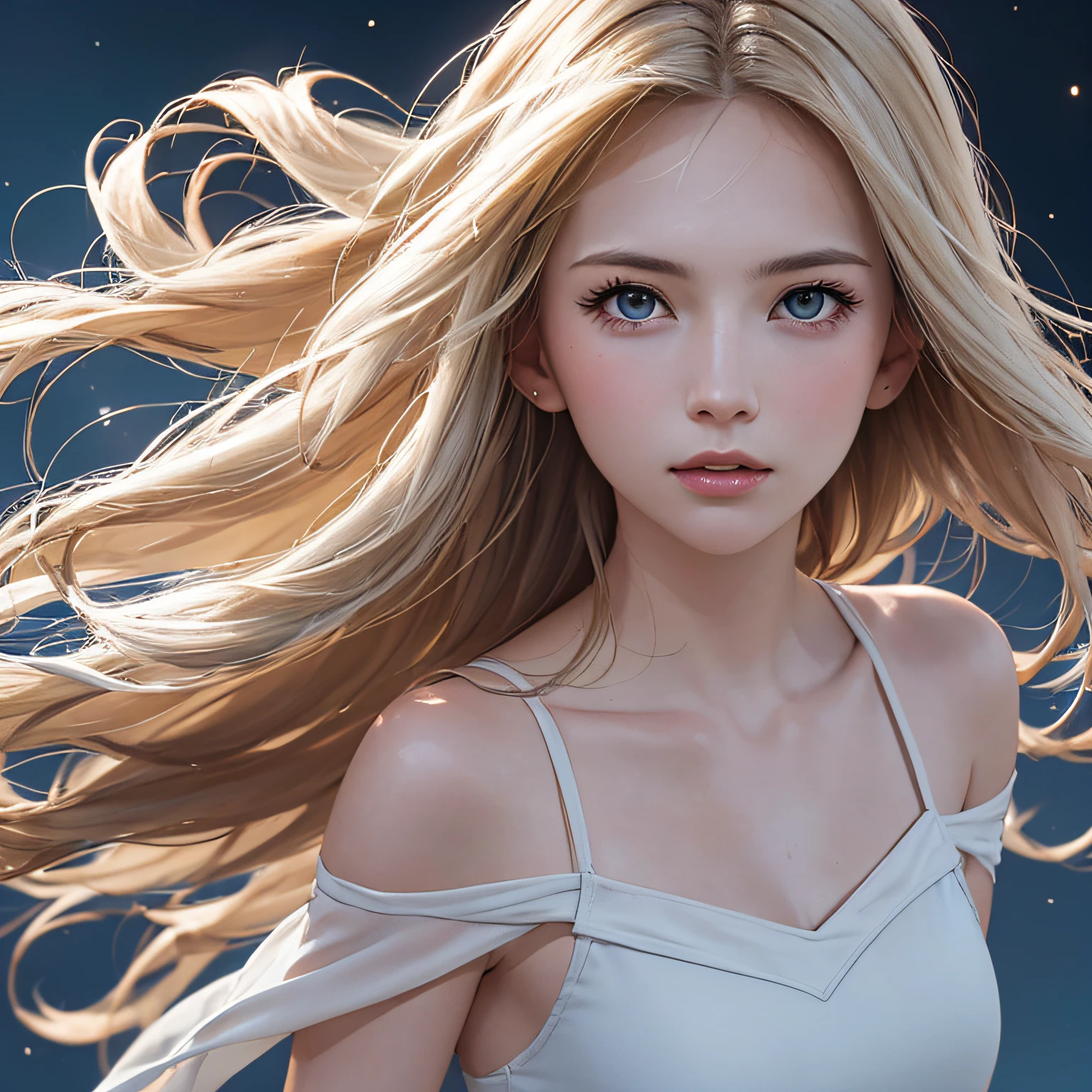 (8K, RAW Photos, of the highest quality, Masterpieces: 1.2), (Realistic, Photorealistic: 1.37), Highest Quality, Ultra High Resolution, light leaks, Dynamic lighting, Slim and smooth skin, (Full body:1.3), (Soft Saturation: 1.6), (Fair skin: 1.2), (Glossy skin: 1.1), Oiled skin, 22 years old, Night, shiny white blonde, Well-formed, Hair fluttering in the wind, Close-up shot of face only, Physically Based Rendering, From multiple angles