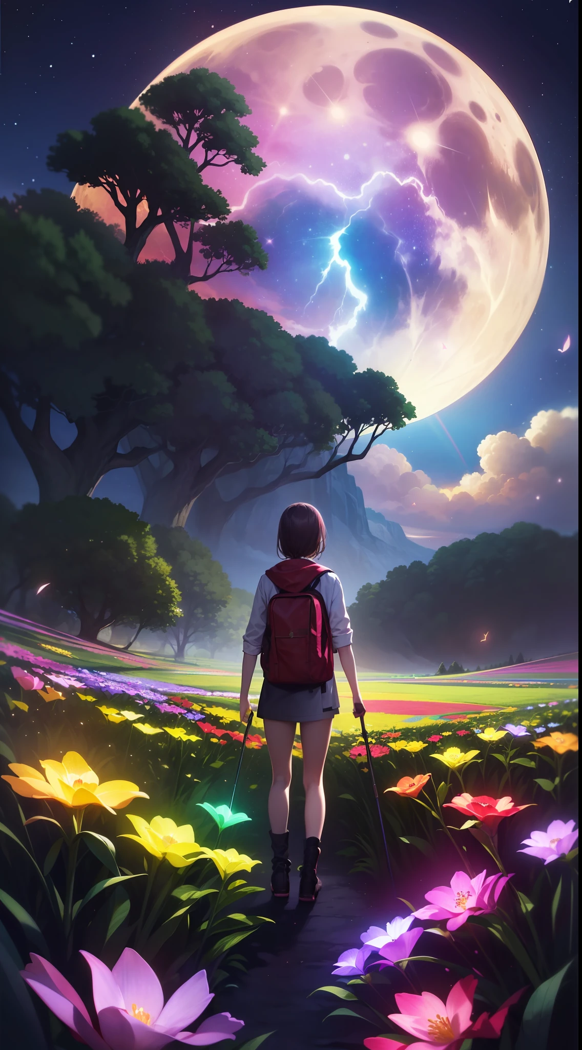 Vast landscape photos、(The sky is up as seen from below、The field is down)、Girl standing in a flower garden and looking up、(fullmoon:1.2)、(meteors:0.9)、(nebulas:1.3)、mountain in the distance々、The tree々 BREAK Craft Art、(Warm light:1.2)、(fireflys:1.2)、A light、lightning bolt、butterflys々、Lots of Purples and Oranges、intricate detailes、voluminous lighting、Realism Break(master piece: 1.2), (Top image quality), 8K, The ultra-detailliert, (dynamic compositions: 1.4), ighly detailed, Colorful Detail, (Rainbow Color: 1.2), (Glow lighting, Atmosphere Lighting), dream-like, Magical, (独奏: 1.2)