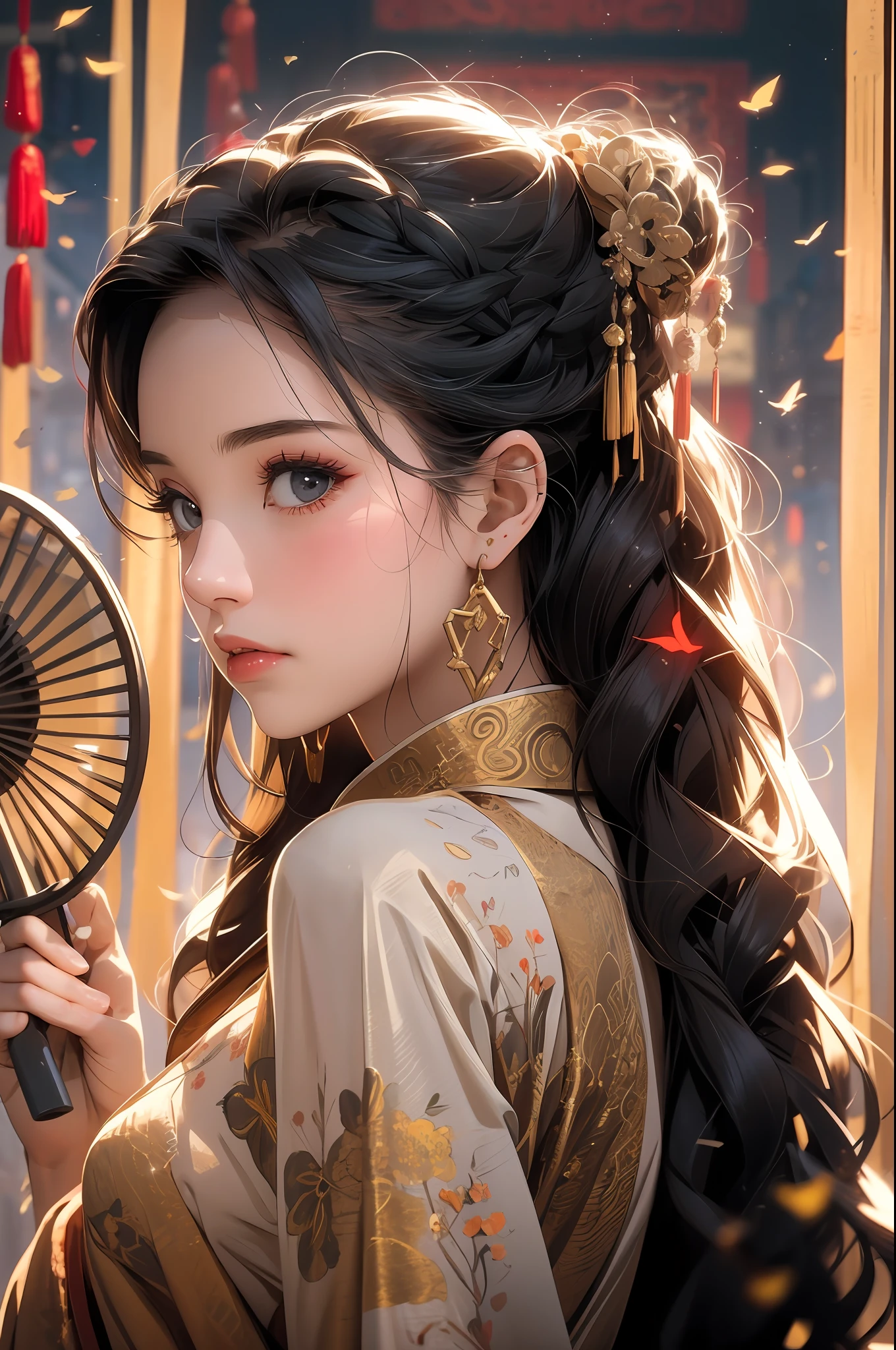 ((Best Quality)), ((Ultra High Resolution)), ((Realistic)), Fine Details, Age 19 on Appearance, Black Hair, Perfect Face Shape, Moderate Makeup:1.5, Face Lighting, Accentuating Details, Long Hair, Wearing Chinese Wedding Dress, Gold Headgear Decoration, Holding a Fan, Red Wedding Dress Extra Points: 1.3, Gold Dress Details. Full body portraits, windows, beds, curtains, candlelight, present a picture of a long-range pose.